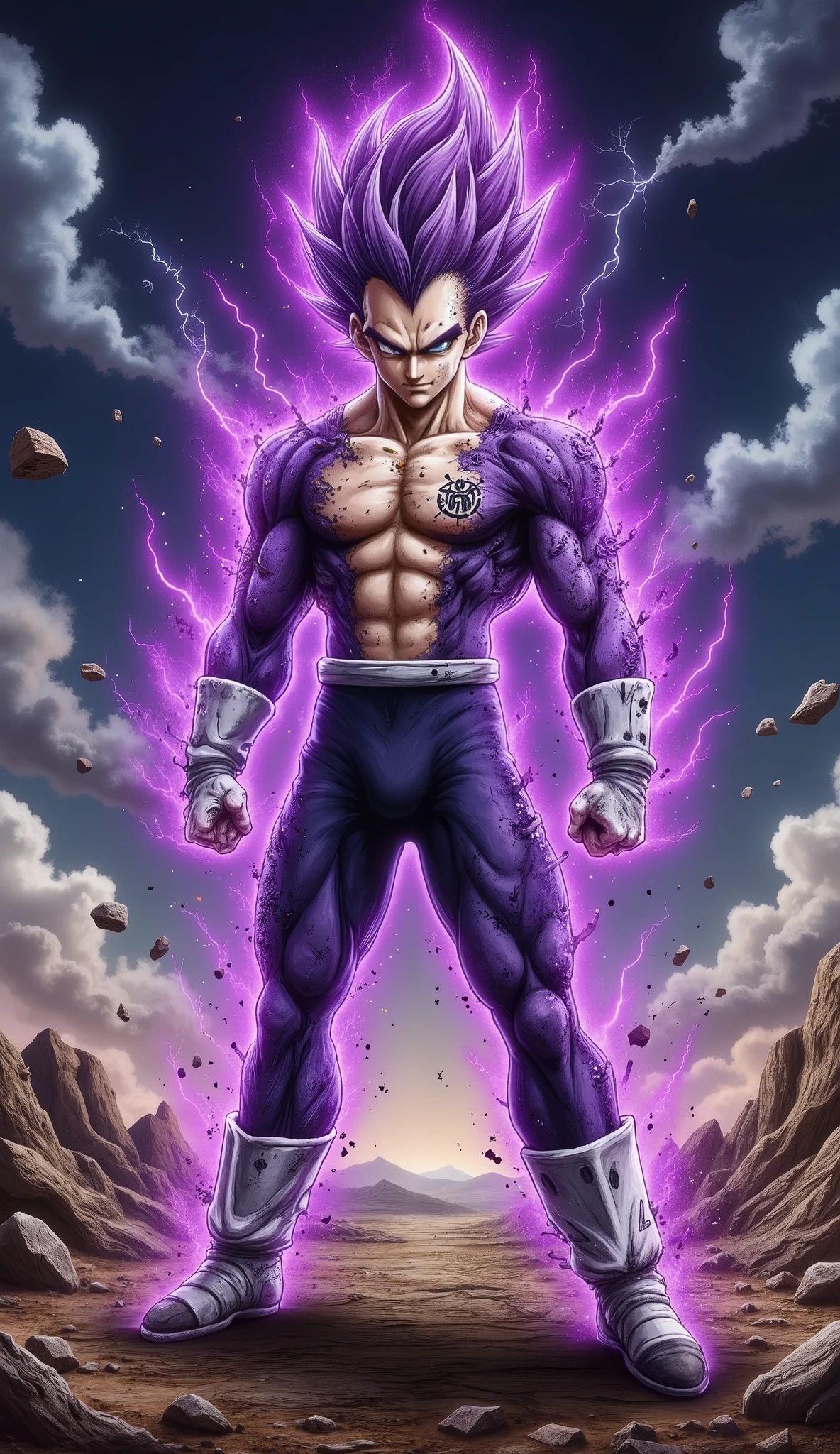"A powerful Saiyan warrior stands in a dominant and imposing stance on a devastated, rocky battlefield under a dark, stormy sky filled with swirling clouds and crackling lightning. His muscular physique is accentuated by battle-worn Saiyan armor, with a torn, skin-tight purple bodysuit revealing his chiseled chest and abs. His sharp, piercing eyes glow with intense, vengeful rage, and a mysterious dark symbol is engraved on his forehead, signifying his dark transformation. His tall, spiky purple hair radiates electrifying energy, while his entire body is engulfed in a thick, swirling dark purple aura, pulsing with raw power and lightning arcs. Floating debris and shattered rock fragments levitate around him, emphasizing his immense, destructive energy. Captured from multiple dynamic angles and poses: Close-up shot: A dramatic focus on his face, highlighting his glowing eyes and intense expression. Low-angle shot: Looking up at him to emphasize his overwhelming power. Action pose: One arm extended, charging a powerful energy attack with crackling lightning. Over-the-shoulder shot: Viewing the destruction around him from his perspective, showcasing the ruined battlefield. Full-body stance: Standing with arms crossed, his dark aura swirling, and the storm raging behind him. Side kick pose: Delivering a devastating sideways kick, his muscles flexed, with shockwaves and energy bursts radiating from the impact, cracking the ground beneath him. Rendered in a highly detailed, cel-shaded anime style inspired by Dragon Ball Z, featuring dramatic lighting, intense contrast, intricate textures, and an action-packed cinematic atmosphere."