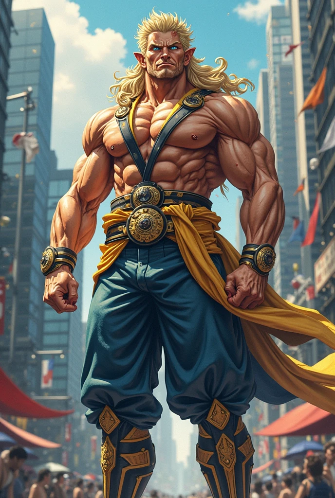 (masterpiece), best quality, (full body portrait), solo, a mature man, goatee facial hair, blond hair, beautiful eyes, muscular, long hair, hairly chest, (M-shaped spread legs), (loincloth), center of the city