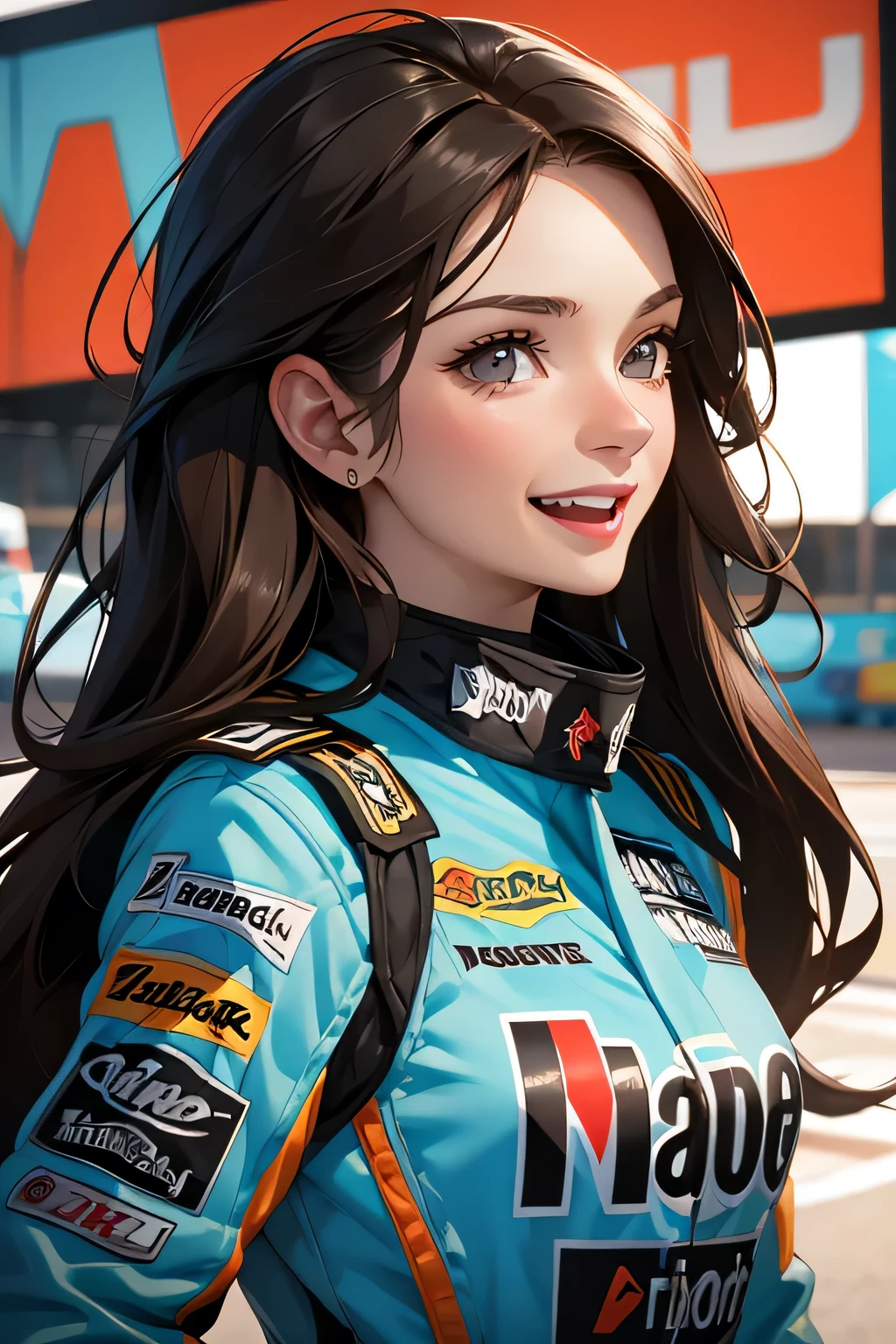 beautiful brunette girl . Her 30 years old .black eyes . She's wearing a racing suit . she laughs .