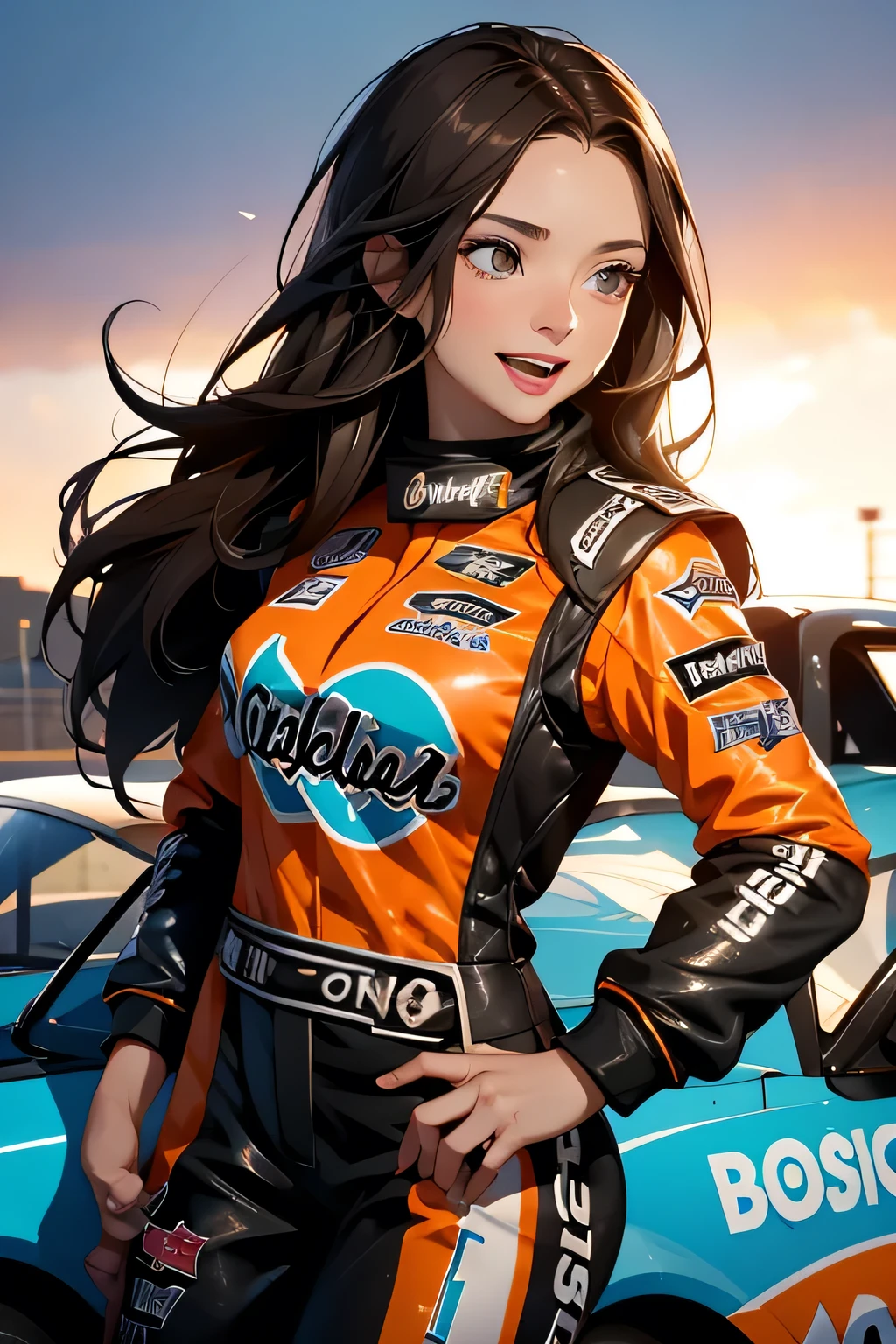 beautiful brunette girl . Her 30 years old .black eyes . She's wearing a racing suit . she laughs .