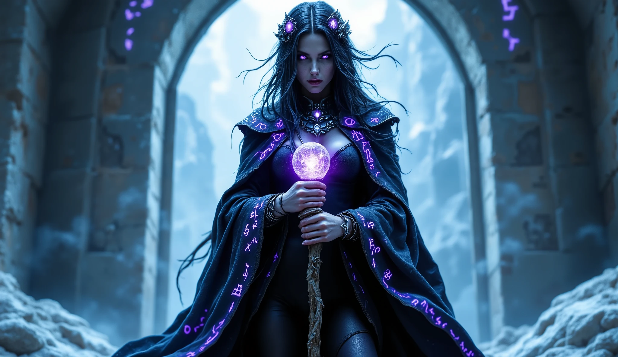 (extremely detailed 8k wallpaper) +, a ((medium shot)) photo of the dark sorceress of dawn conjuring dark magic in a destroyed village, pale skin, (long purple hair), Intricate, High Detail, dramatic, best quality masterpiece, photorealistic, detailed, 8k, HDR, backlighting, bloom, light sparkles, chromatic aberration, sharp focus, symmetrical, ((ample cleavage))