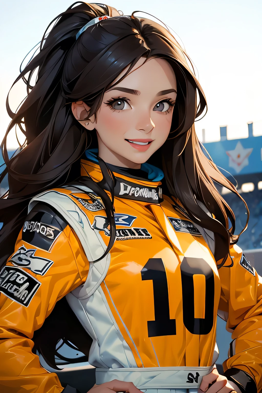 beautiful brunette girl . Her 30 years old .black eyes . She's wearing a racing suit . she laughs .