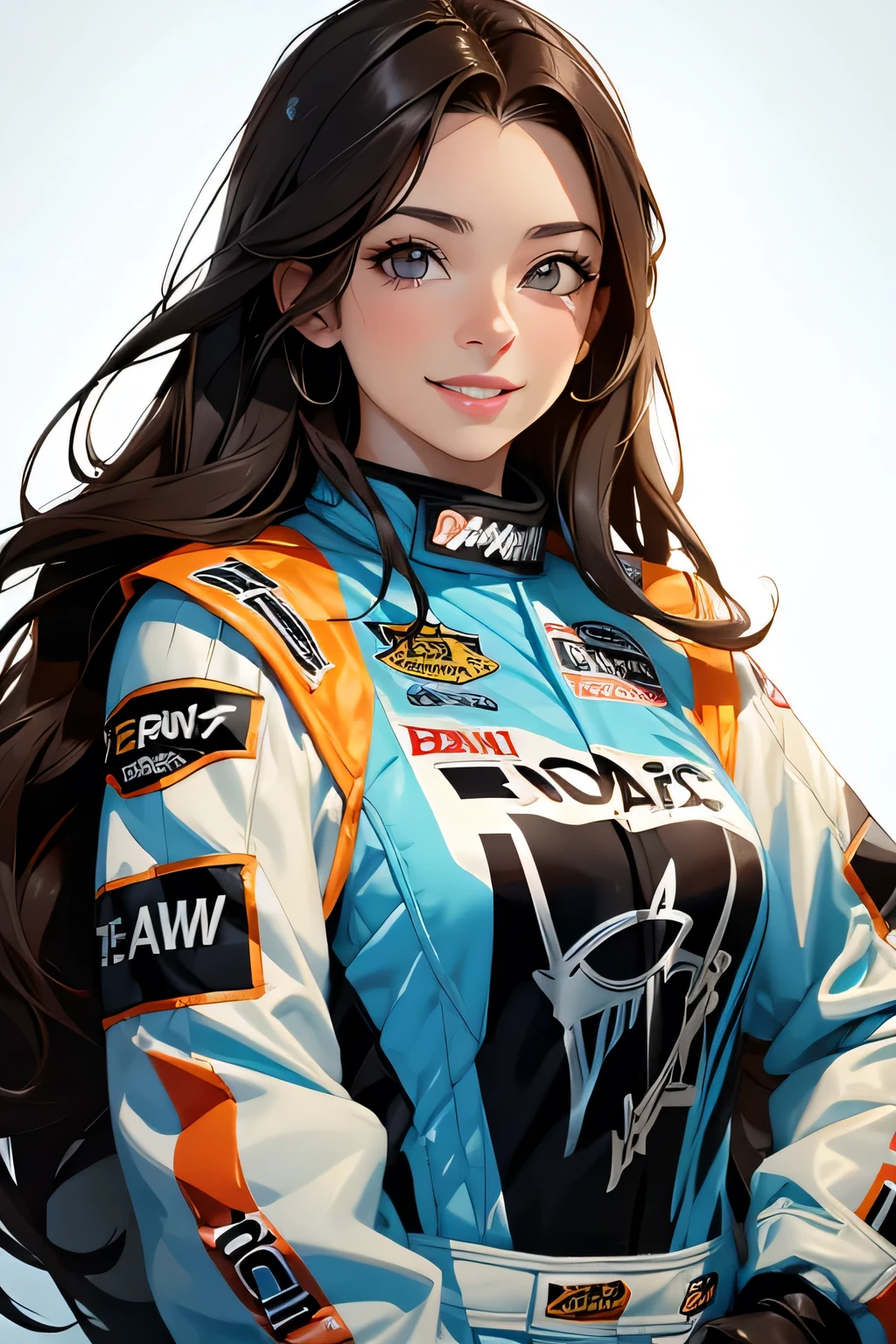beautiful brunette girl . Her 30 years old .black eyes . She's wearing a racing suit . she laughs .