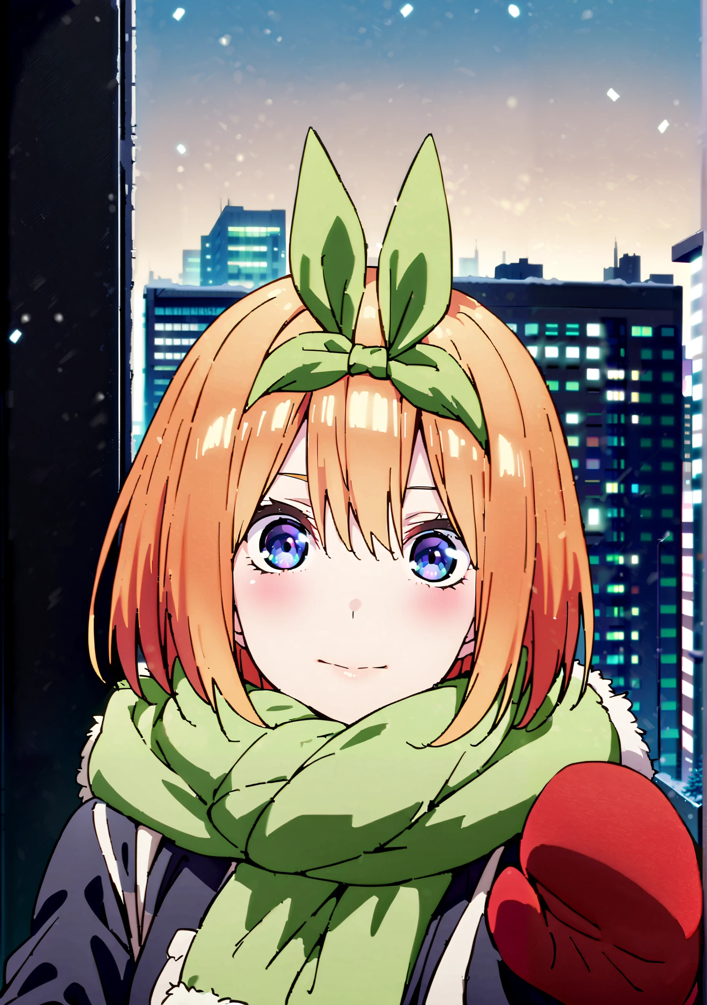 score_9, score_8_up, score_7_up, source_anime, Nakano Yotsuba, short hair, bungs, blue eyes, o, Orange Hair, eyebrows hidden by parasoled hair , hair ribbon, headband, Orange Hair, (Green ribbon:1.5), throw cheek warming, throw cheek warming (Memes), winter gloves, duffel comments, fur-trimmed scarf, Winter clothes, red Mittens, Memes, winter comments, green scarf, fur-trimmed comments, reach towards viewer,reach, Mittens, hood with fur trim, white comments, open comments, scarf, comments, Black long skirt,White handbag, it's snowing, throw, fur trim,Beautiful cityscape, beautiful scenery,full bodyがillustration for both eyesに入るように, break outdoors,City,
break looking at viewer,full body,
break (masterpiece:1.2), Top Quality, High Resolution, Unity 8K Wallpaper , (illustration for both eyes:0.8), (Beautiful Detailed Eyes:1.6), very detailed face, perfect lighting, highly detailed CG, (perfect hands in a dark bedroom, perfect anatomy),