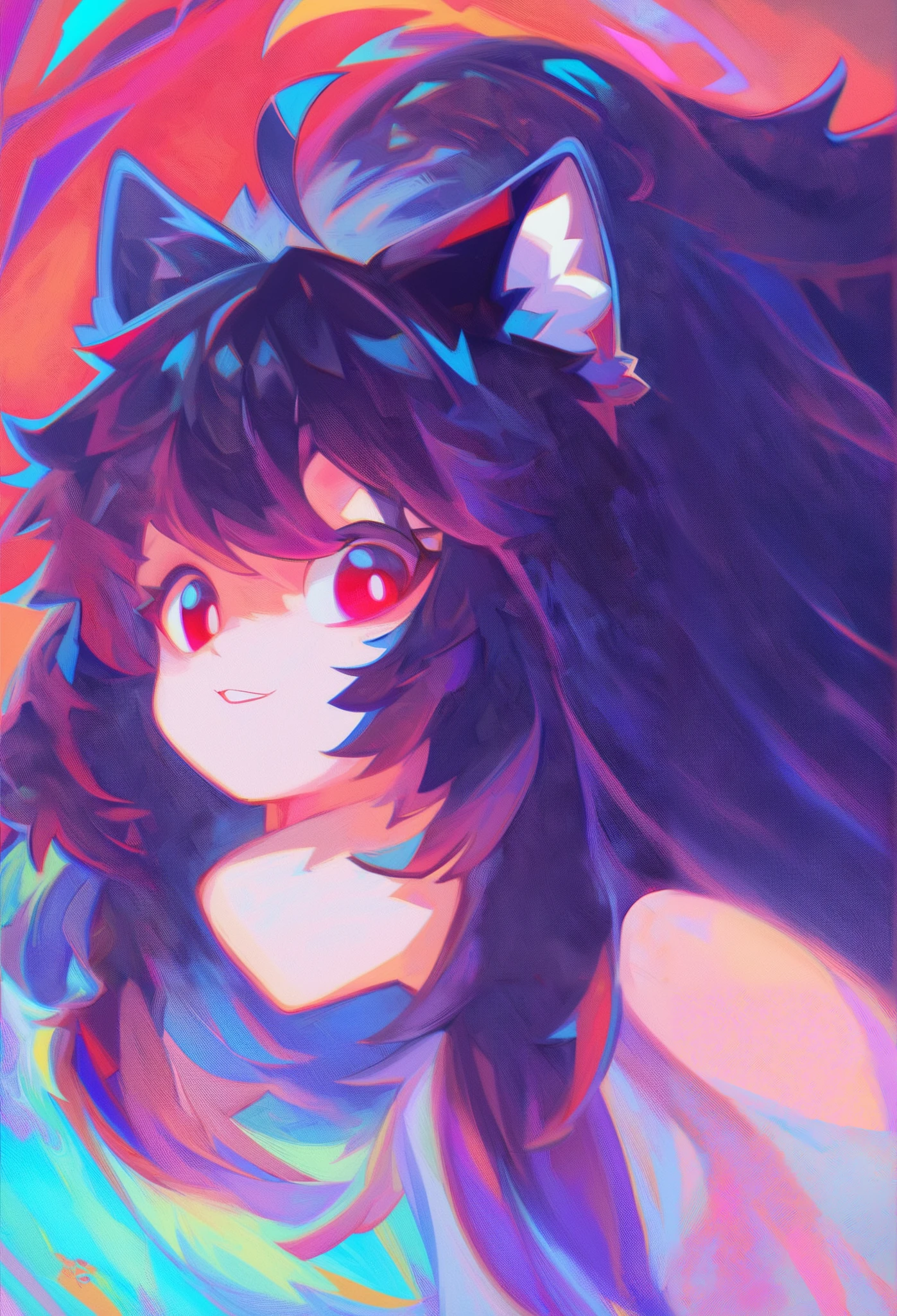 Musa_ style, score_9, score_8_arriba, score_7_arriba, score_6_arriba, score_5_arriba, score_4_arriba, high definition, (ultra high definition quality details), 8K, a girl, lob (, cat ears, (red eyes), long hair , black hair, (Ahoge), straight bangs,, messy hair,, Body with thin legs, , chromatic aberration, colorful, bright colors,, 2d illustration, pastel colors,