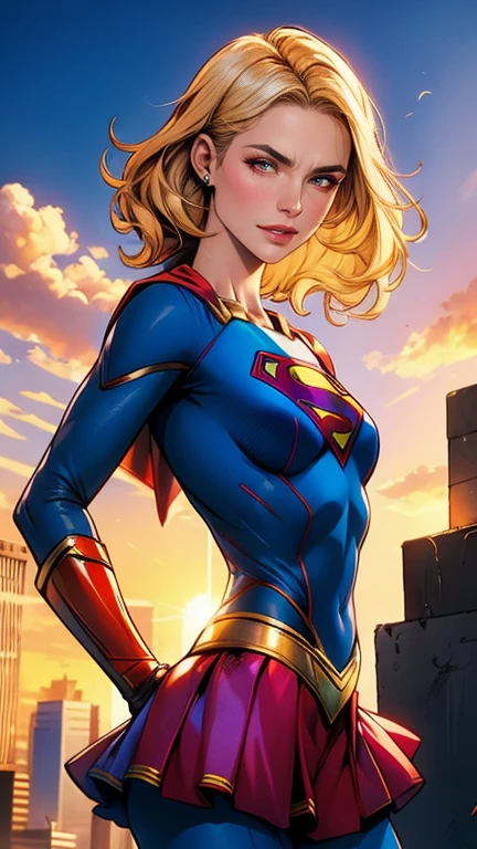 masterpiece, best quality) 1girl (perfect face and eyes) power_girl, large_breasts, cleavage cutout, red cape, short blonde hair, bare shoulders, <lora:jimLeeDCComicsMarvel_offset:1.1>, jim lee