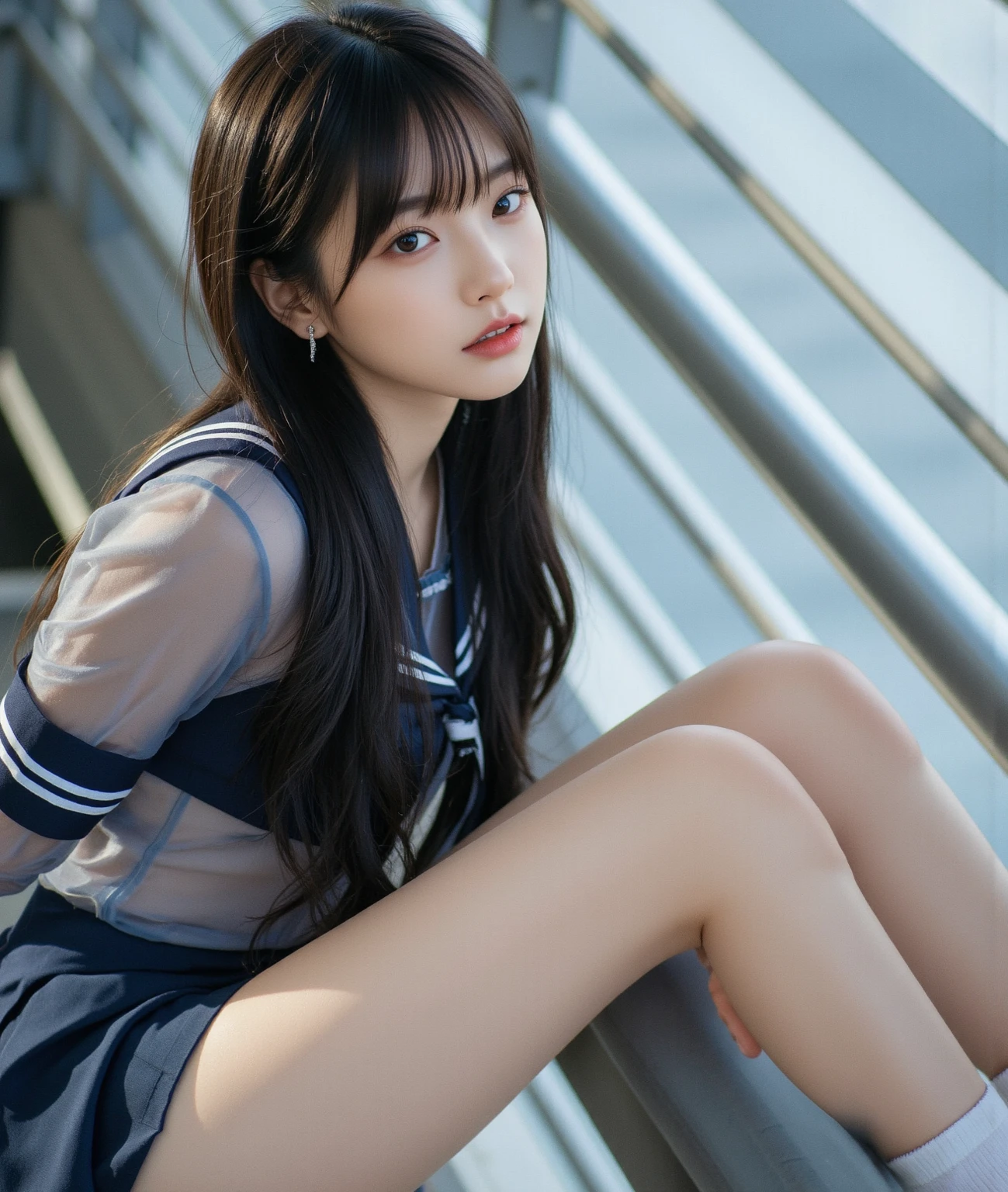 (masterpiece:1.2), (High picture quality 8K), (Highest quality), (RAW image quality),(realistic), (realistic:1.37),,Big eyes,Long eyelashes,Very sexy,(Realistic live action style),The ultimate face,realistic light and shadow,clear face,Beautiful skin, Highly detailed leather,realistic skin details,(super details),,best portrait, Young woman too1people only, Cute face,Beautifully detailed eyes, Beautiful, detailed nose, Highly detailed skin ,(Make eye contact,smile),(Beautiful face with double eyelids),((full body picture)), (realism: 1.4), Ultra high resolution,Delicate and beautiful face,18 years old,(Beautiful face 1.4),Has a slender appearance, (I wear a short skirt:1.2),big,Beautiful, bright face,The panties are visible.,The skirt is very short.,((Japanese Uniform)),red lipstick,Lame around the eyes,,Long hair to short hair, ,(I like to show my panties to the audience.),On the train at night,((Sit with your legs spread apart.)), (Show your target to the audience.),(Spread your legs and show off your panties.),High school girl in uniform,,The inside of the car is very bright.