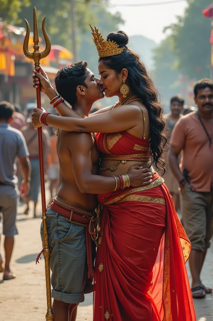 low angle POV of an indian actress is in the shooting spot. she is doing a romantic scene on bed with another actor. male actor lying on bed, she on top of him on her fours revealing her breast, she is bending down wearing sari and showing nude breast, man touches her breast with his hand, man is groping her breast, there are technicians around. 