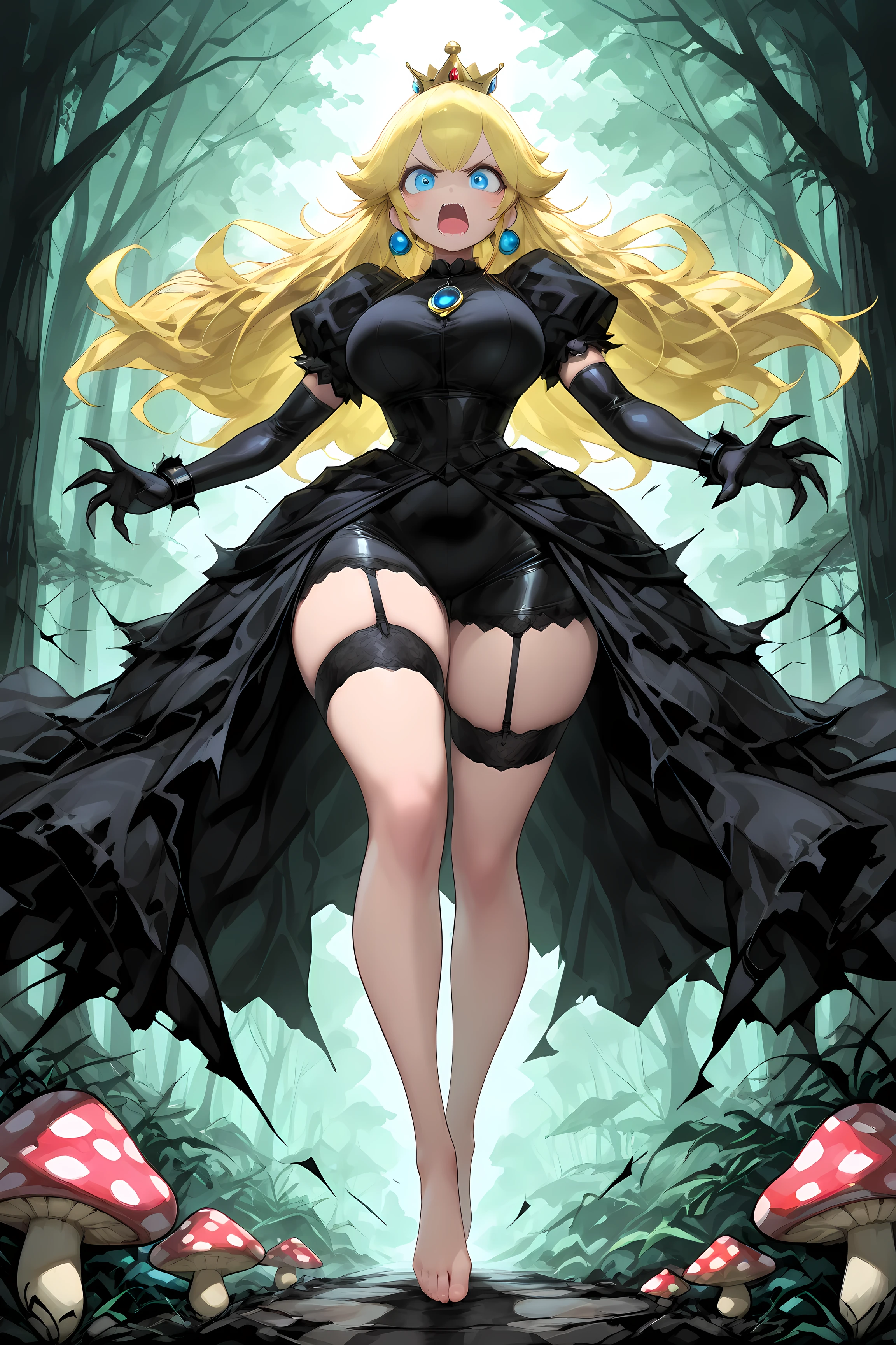 (masterpiece), best quality, newest, highres, absurdres, ultra detail, extremely detailed, official art, rich colors, sharp contrast, detailed shading, perfect anatomy, good hands, 1girl,solo,( moody, epic, gorgeous,sharp eyes, large breasts, big thighs, (sexy stockings:1.2), small waist) ,Princess Peach running for her live in the mushroom kingdoom, (Long fluffy blonde hair), princess crown, (angry, open mouth), barefoot, big eyes,
