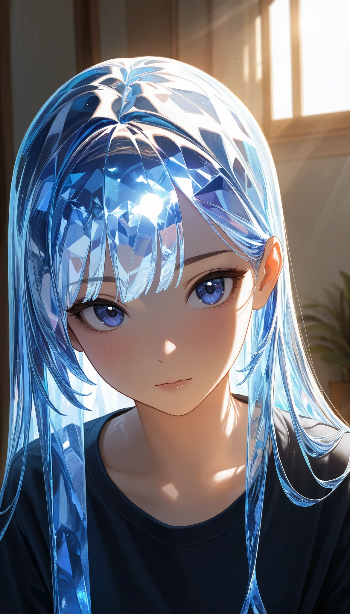 masterpiece, t-shirt, newest ,absurdres, highres,vista muy close,detailed background, a girl, close,Floating,crystal hair,long hair,Sunlight,portrait,