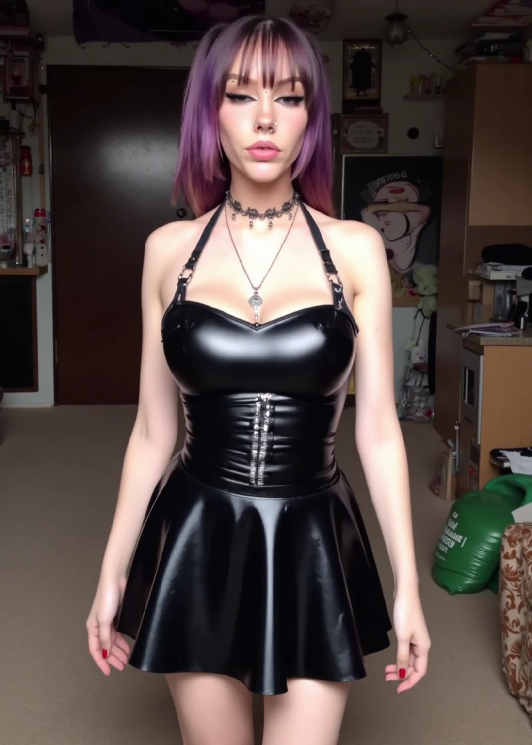 1girl, italian 23 years girl, smileing, happy, big smaile pink hair, brown green eyes,brown green eyes, , looking at camera, sexy shiny black latex dress, realistic lips, half body, in a room, background of a room, medium small boobies, very real arms, very real hands, small boobs, very organic photo, no deformed, organized, 5 fingers in the hand looking into a camera, full body photo very cute face, very realistic skin textures, very realistic background, hight detailed, hight texturized, very realistic shadows, natural lights, 8k , hight quality, masterpiece, photorealistic