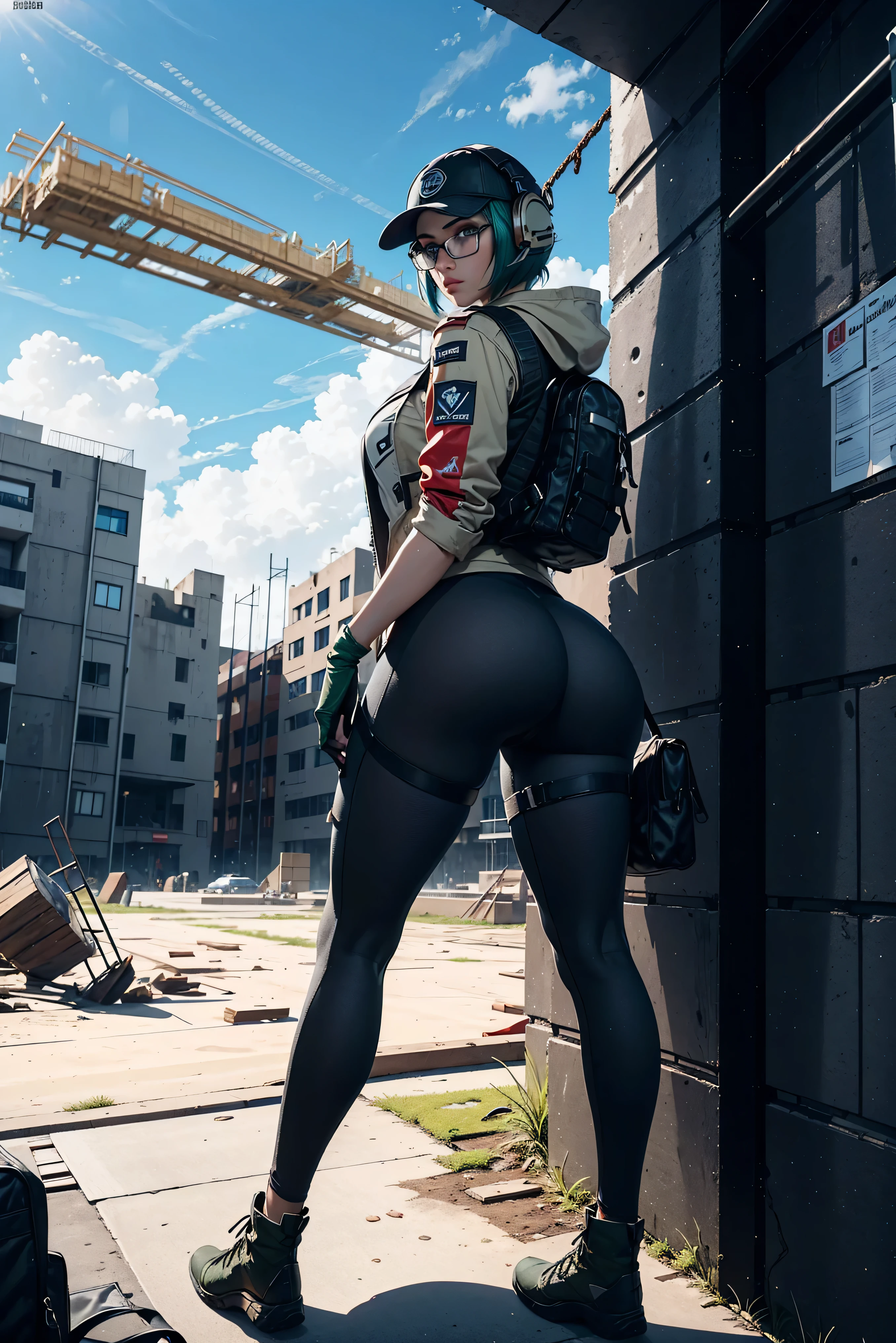 8k portrait of ela (rainbow six siege)
, camouflage, solo, green hair, backpack, boots, hat, goggles, goggles on headwear, pants, looking at viewer, jacket, hood, bag, short hair, headset, blue eyes, camouflage jacket, gloves, holster, hood down, thigh holster, radio antenna, military, headphones, leggings
, ((full body)), piercing eyes, looking at the viewer, dynamic pose, ((thighs)), (big tits:1.0), looking back, (huge ass:1.4)
, best quality, (photo-realistic:1.2), looking at the viewer, film grain, construction site scene, construction site background, debris, low angle
, dark scene, rim lighting, two tone lighting, dimly lit, low key hdr,