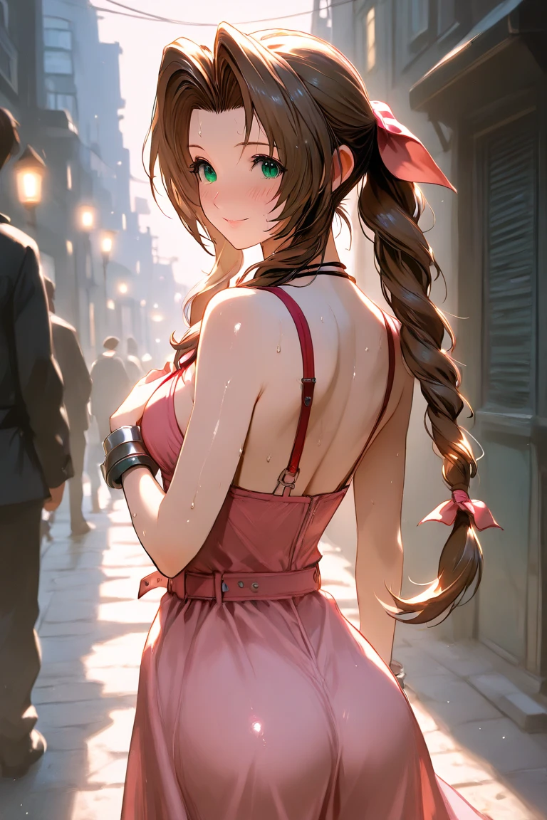 masterpiece, best quality, 1girl, anime style, (stanley lau:0.4) <lora:aerith-xl-nvwls-v1-000006:1> defaerith, braided ponytail, pink hair bow, choker, necklace, cropped jacket, red jacket, short sleeves, pink dress, long dress, looking up, night sky, bridge, cityscape, hand on own chest