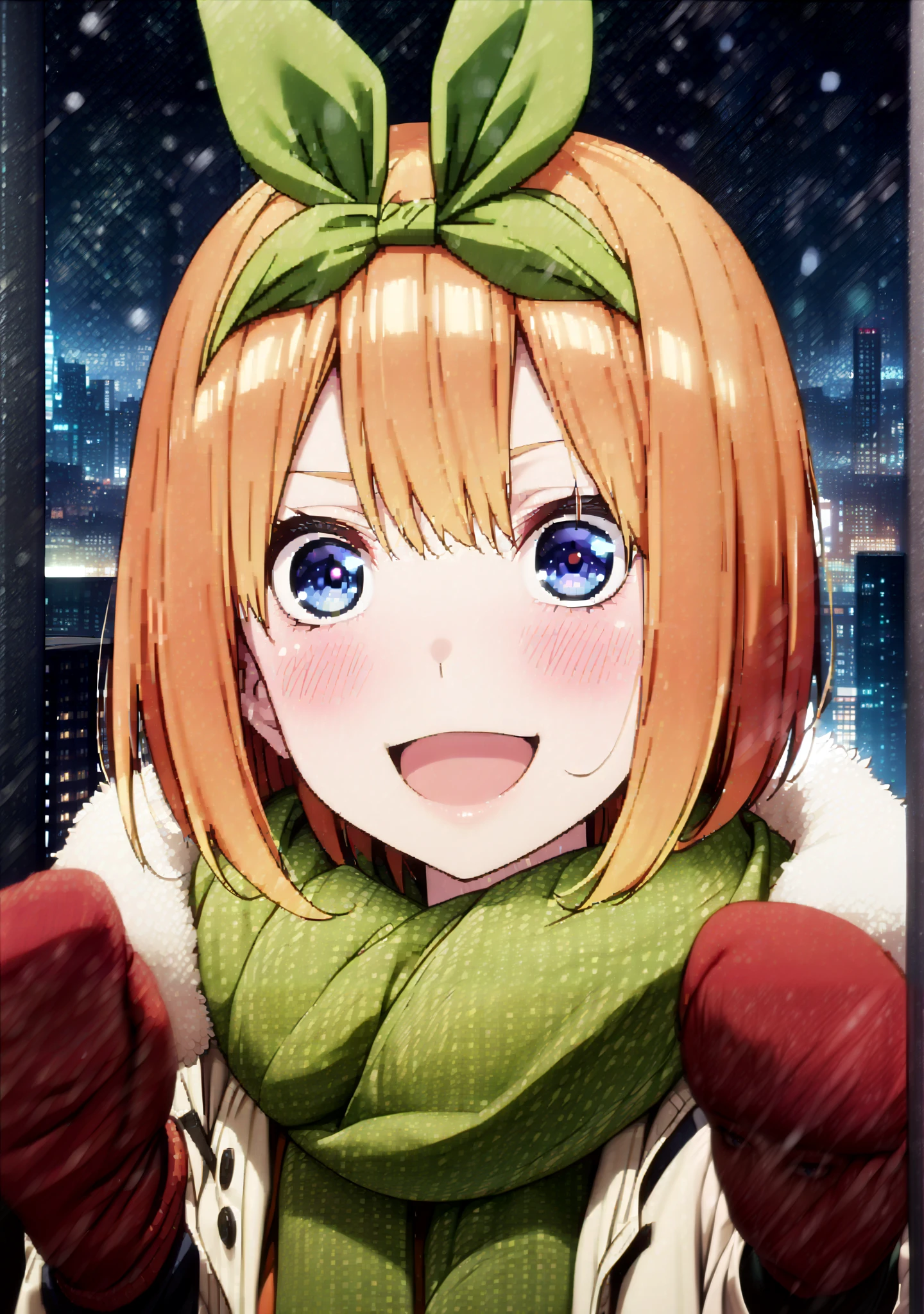 score_9, score_8_up, score_7_up, source_anime, Nakano Yotsuba, short hair, bungs, blue eyes, o, Orange Hair, eyebrows hidden by parasoled hair , hair ribbon, headband, Orange Hair, smile,blush,open your mouth,(Green ribbon:1.5), throw cheek warming, throw cheek warming (Memes), winter gloves, duffel comments, fur-trimmed scarf, Winter clothes, red Mittens, Memes, winter comments, green scarf, fur-trimmed comments, reach towards viewer,reach, Mittens, hood with fur trim, white comments, open comments, scarf, comments, Black long skirt,White handbag, it's snowing, throw, fur trim,Beautiful cityscape, beautiful scenery,full bodyがillustration for both eyesに入るように, break outdoors,City,
break looking at viewer,full body,
break (masterpiece:1.2), Top Quality, High Resolution, Unity 8K Wallpaper , (illustration for both eyes:0.8), (Beautiful Detailed Eyes:1.6), very detailed face, perfect lighting, highly detailed CG, (perfect hands in a dark bedroom, perfect anatomy),