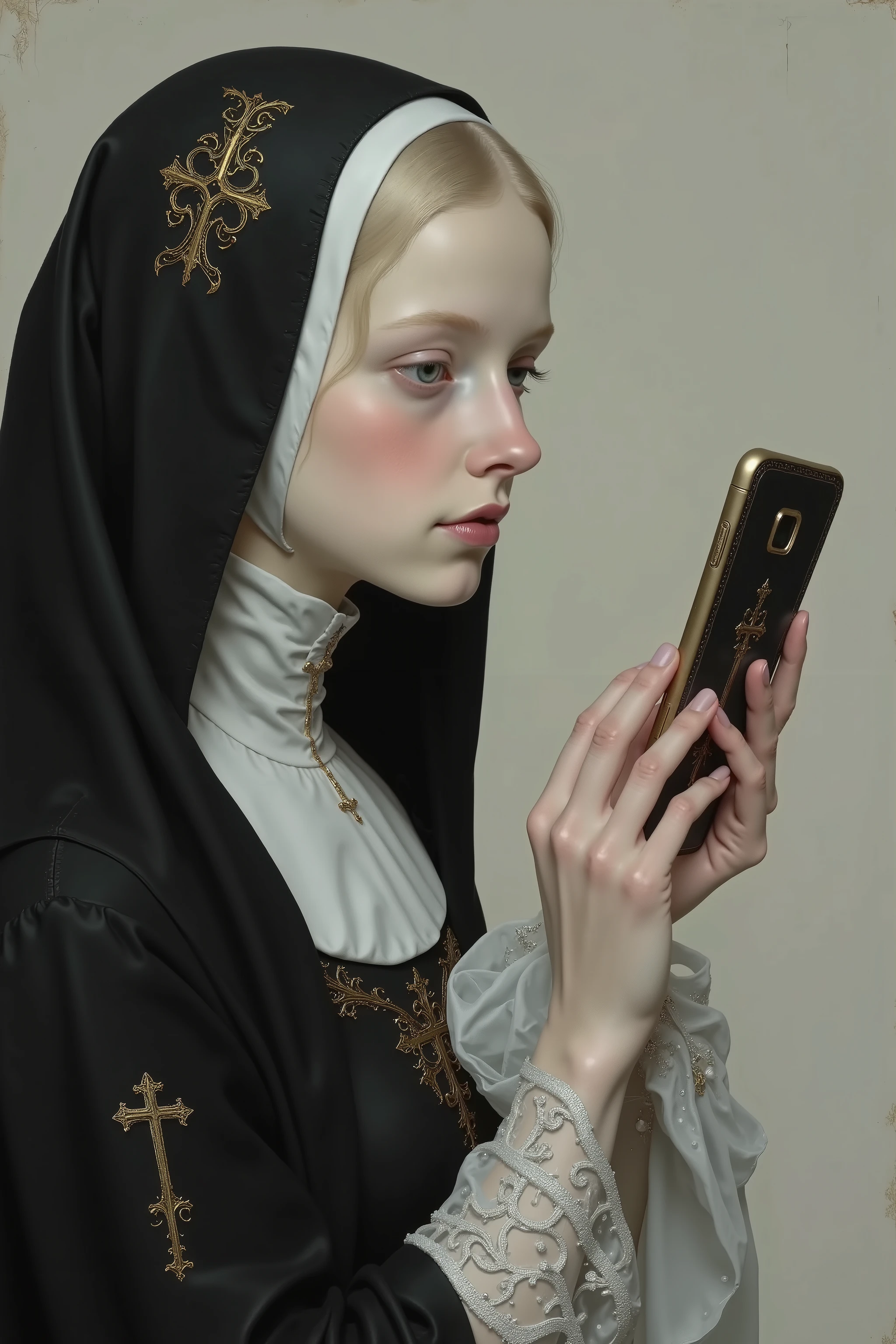 side view,beautiful female portrait,smartphone,nun