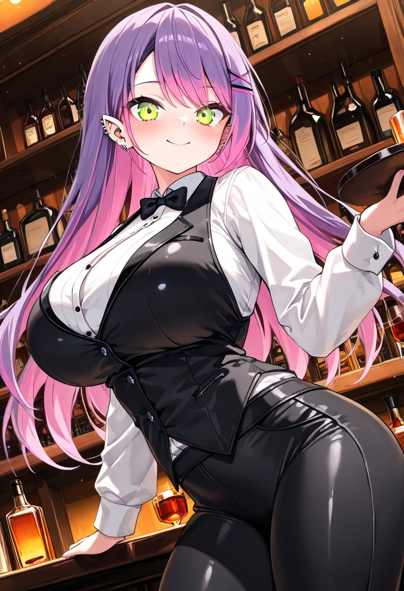 masterpiece, best quality, 1girl, solo, kirisu mafuyu, looking at viewer, annoyed, closed mouth, blush, embarrassed, large breasts, playboy bunny, rabbit ears, black pantyhose, red bowtie, wrist cuffs, black leotard, holding tray, foods, drinks, standing, cafe shop, restaurant, full body,