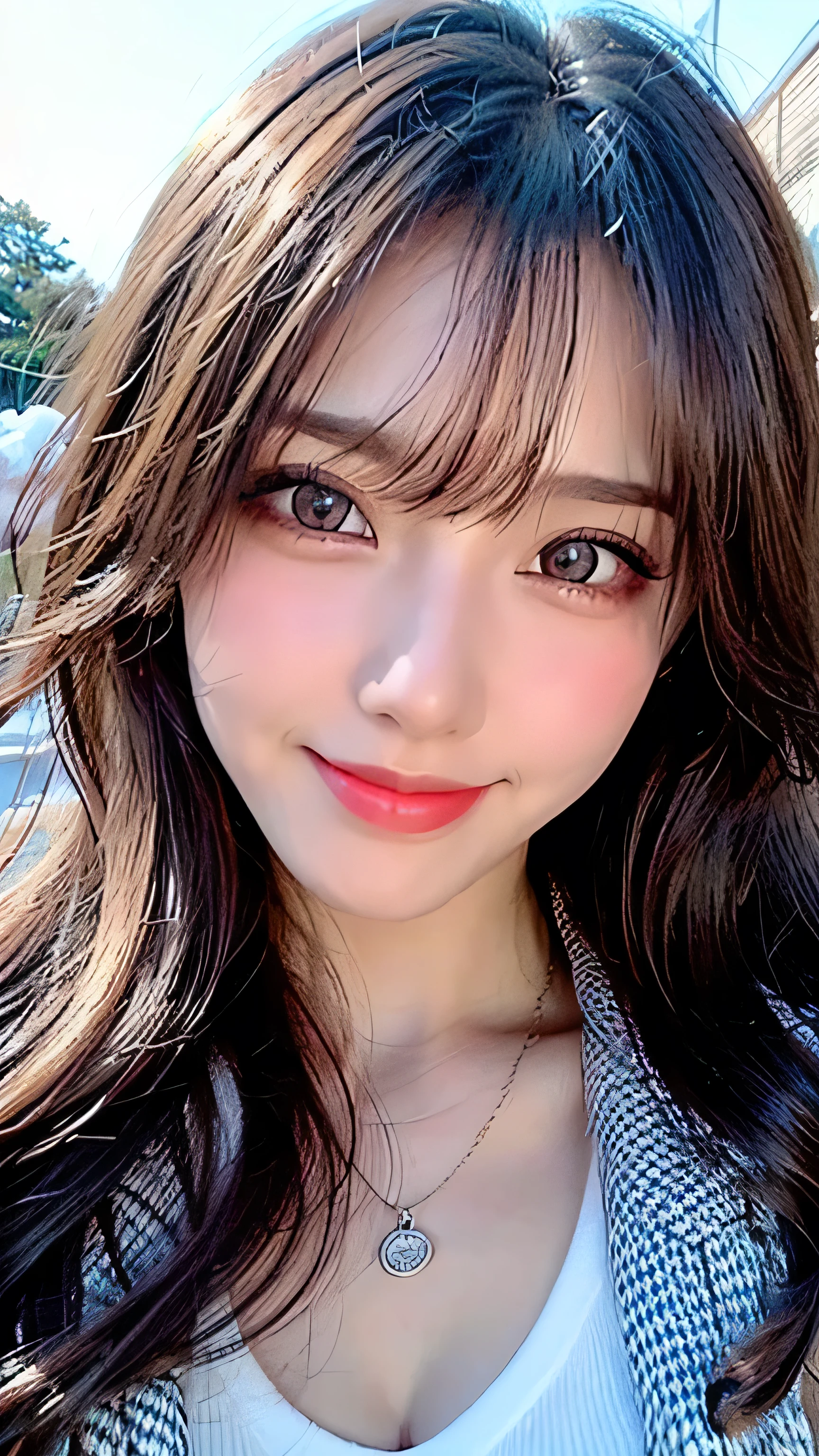 Full Body Angle、((highest quality, 8K, masterpiece: 1.3)), concentrated: 1.2, Cute girl 1,Nipples erect、 Perfect beauty: 1.4,Crisscross V-neck T-shirt, Casual summer short sleeve t-shirt: 1.2,Long sleeve、Randall Color、comics&Text Graphics、Black ruffle-trimmed drawstring zip blouse,1.1, Highly detailed face and skin textures, Fine grain, double eyelid, whitening skin, ,highest quality,Ultra-high resolution,you,1 girl,alone,_Shiny_skin,Iris,necklace,((Brown_length_Wavy_hair)),(lips)),eyelash,Front hair,deal with,compensate,Shiny,pore,skin texture,Large Breasts、smiling face、Front hair、garden、