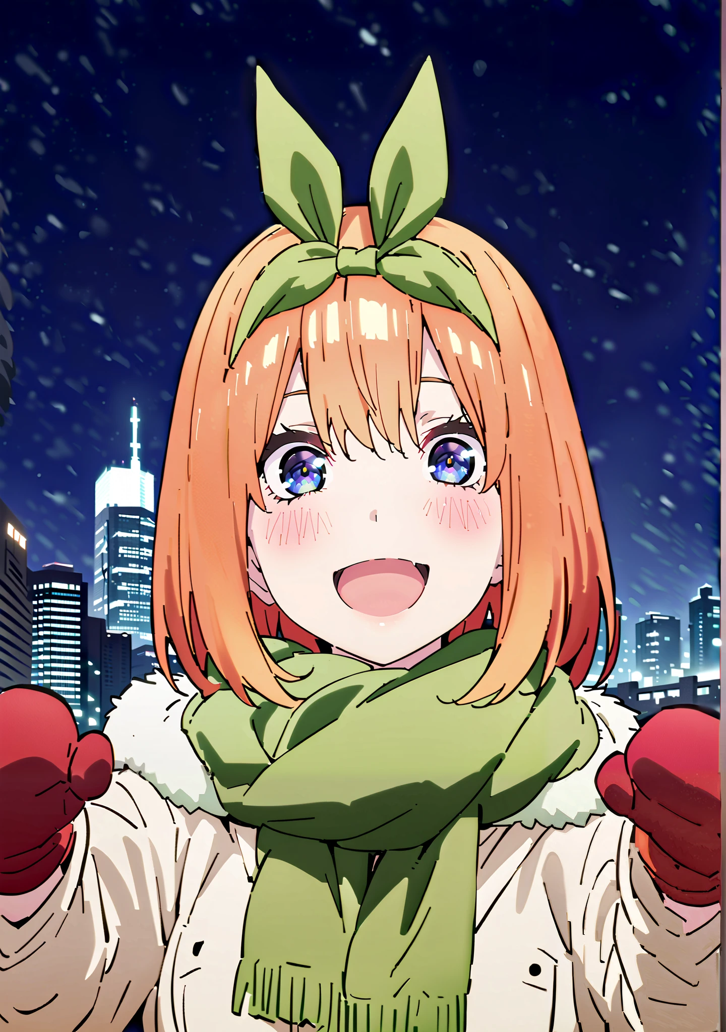 Nakano Yotsuba, short hair, bungs, blue eyes, o, Orange Hair, eyebrows hidden by parasoled hair , hair ribbon, headband, Orange Hair, smile,blush,open your mouth,(Green ribbon:1.5), throw cheek warming, throw cheek warming (Memes), winter gloves, duffel comments, fur-trimmed scarf, Winter clothes, red Mittens, Memes, winter comments, green scarf, fur-trimmed comments, reach towards viewer,reach, Mittens, hood with fur trim, white comments, open comments, scarf, comments, Black long skirt,White handbag, it's snowing, throw, fur trim,Beautiful cityscape, beautiful scenery,full bodyがillustration for both eyesに入るように, break outdoors,City,
break looking at viewer,full body,
break (masterpiece:1.2), Top Quality, High Resolution, Unity 8K Wallpaper , (illustration for both eyes:0.8), (Beautiful Detailed Eyes:1.6), very detailed face, perfect lighting, highly detailed CG, (perfect hands in a dark bedroom, perfect anatomy),