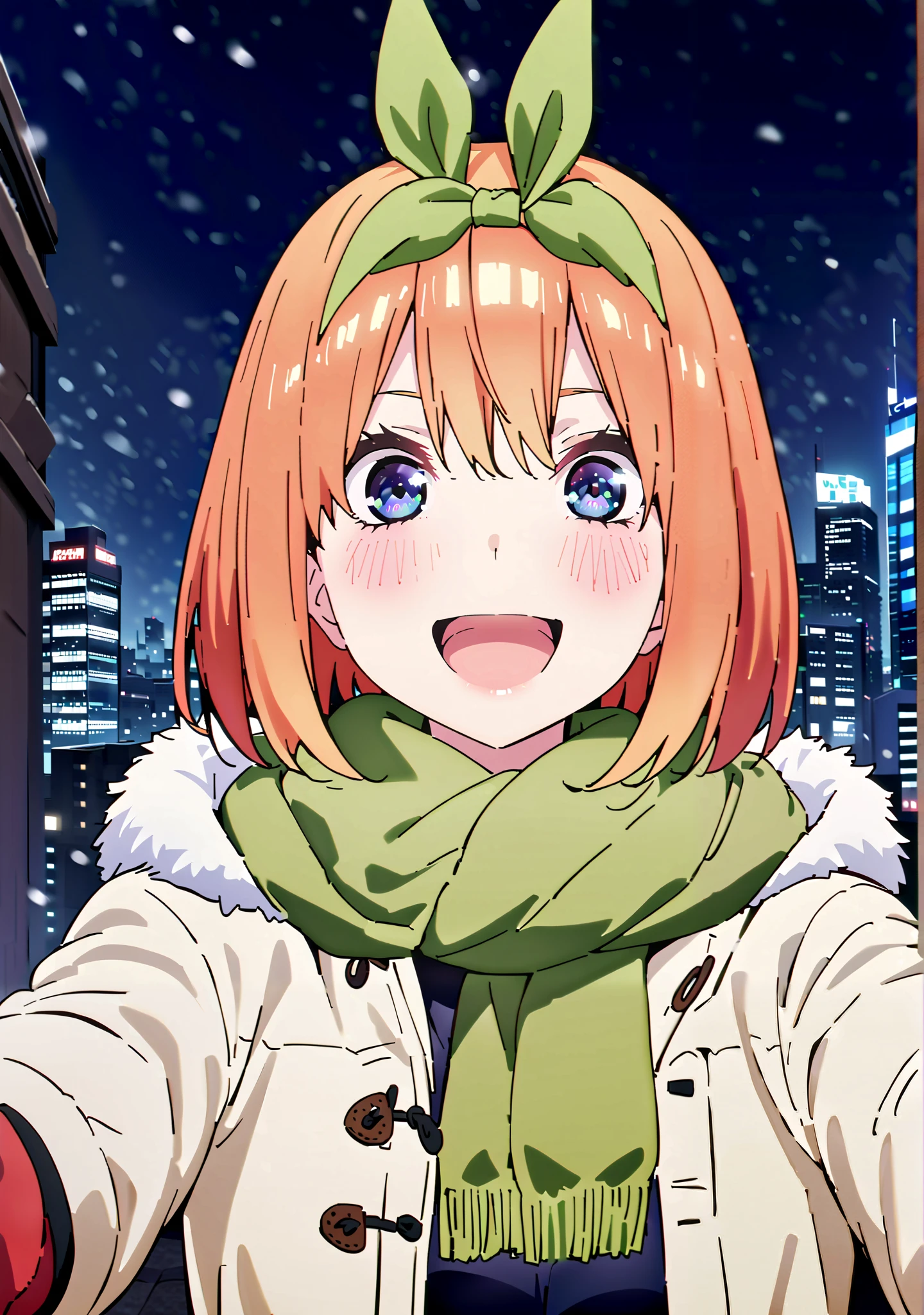 Nakano Yotsuba, short hair, bungs, blue eyes, o, Orange Hair, eyebrows hidden by parasoled hair , hair ribbon, headband, Orange Hair, smile,blush,open your mouth,(Green ribbon:1.5), throw cheek warming, throw cheek warming (Memes), winter gloves, duffel comments, fur-trimmed scarf, Winter clothes, red Mittens, Memes, winter comments, green scarf, fur-trimmed comments, reach towards viewer,reach, Mittens, hood with fur trim, white comments, open comments, scarf, comments, Black long skirt,White handbag, it's snowing, throw, fur trim,Beautiful cityscape, beautiful scenery,full bodyがillustration for both eyesに入るように, break outdoors,City,
break looking at viewer,full body,
break (masterpiece:1.2), Top Quality, High Resolution, Unity 8K Wallpaper , (illustration for both eyes:0.8), (Beautiful Detailed Eyes:1.6), very detailed face, perfect lighting, highly detailed CG, (perfect hands in a dark bedroom, perfect anatomy),