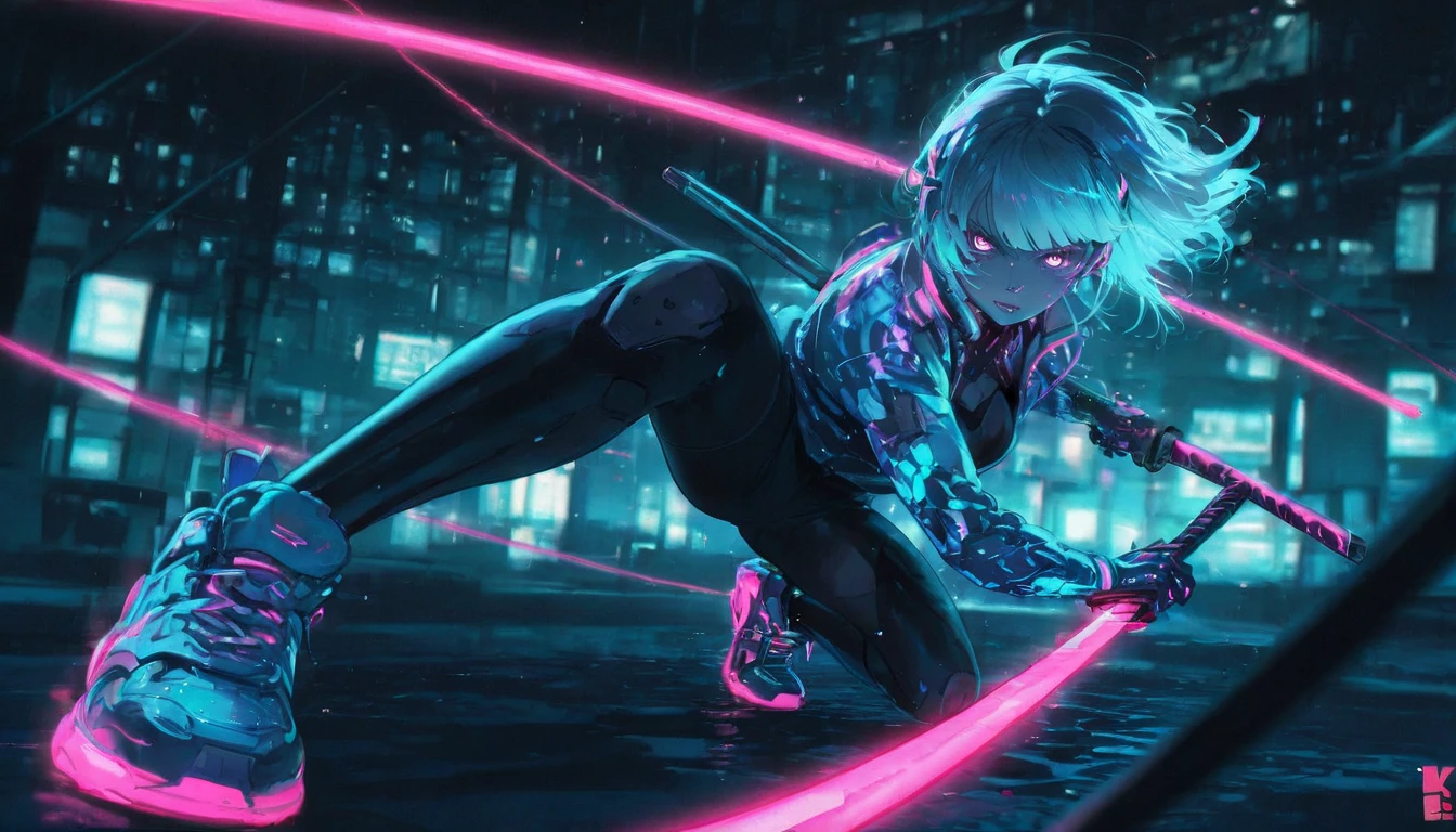 1girl,(cybernetic samurai),long neon katana,stylish clothes,stylish sneakers,detailed intricate cybernetic enhancements,intense focused expression,dynamic action pose,high-tech futuristic urban environment,neon lights glowing cyberpunk atmosphere,cinematic dramatic lighting,8K,masterpiece,photorealistic,ultra-detailed,professional,hyper-realistic,vibrant neon colors,moody sci-fi color palette, anime, Japanese style art, Japanese pattern anime style, looking at viewer, close shot, depth of field,Sharp focus,