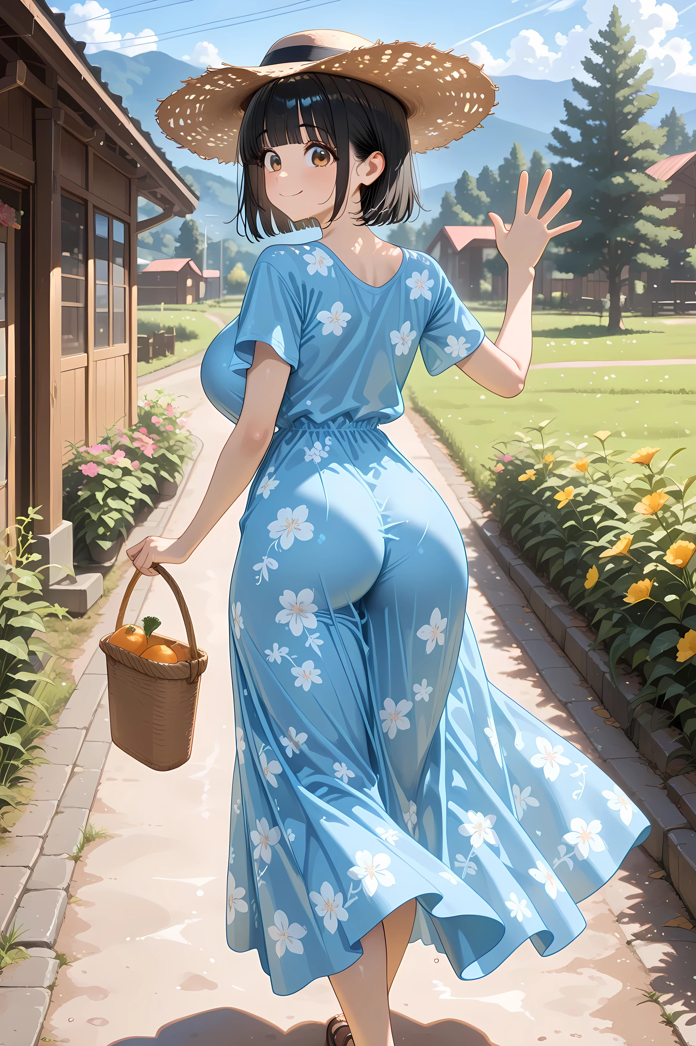 master piece ,best quality ,amazing quarity ,absurdres, newest, very aesthetic, amazing quality,highres,sensitive ,HD ,xss , rltstc ,break 1girl ,solo ,black hair ,short hair , blunt bangs, straight hair ,brown eyes ,yo ,big eyes ,tareme ,large breasts ,smile ,break blue dress ,(long dress:1.2) ,(Loose clothes:1.2) ,One-piece, floral pattern , Short sleeves , A straw hat ,waving ,reaching , walking ,view from behind ,countryside