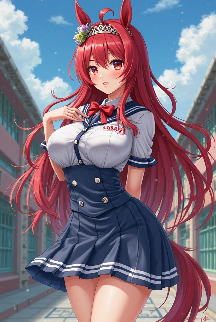 masterpiece, best quality, highres,lilith1, 1girl, solo, braid, hat, beret, elbow gloves, black thighhighs, sleeveless, black gloves, black necktie, sleeveless shirt, large breasts, bare shoulders, pleated skirt, black skirt, white shirt, miniskirt, <lora:asami_lilith_v1:0.8>, cowboy shot, standing, outdoors