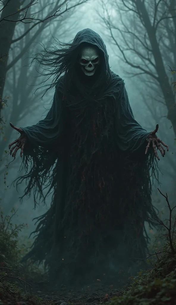 Create for me a horror photo of a female ghost of a young woman , with a scary face in a dark and macabre cemetery at night (The cemetery is dark and foggy)