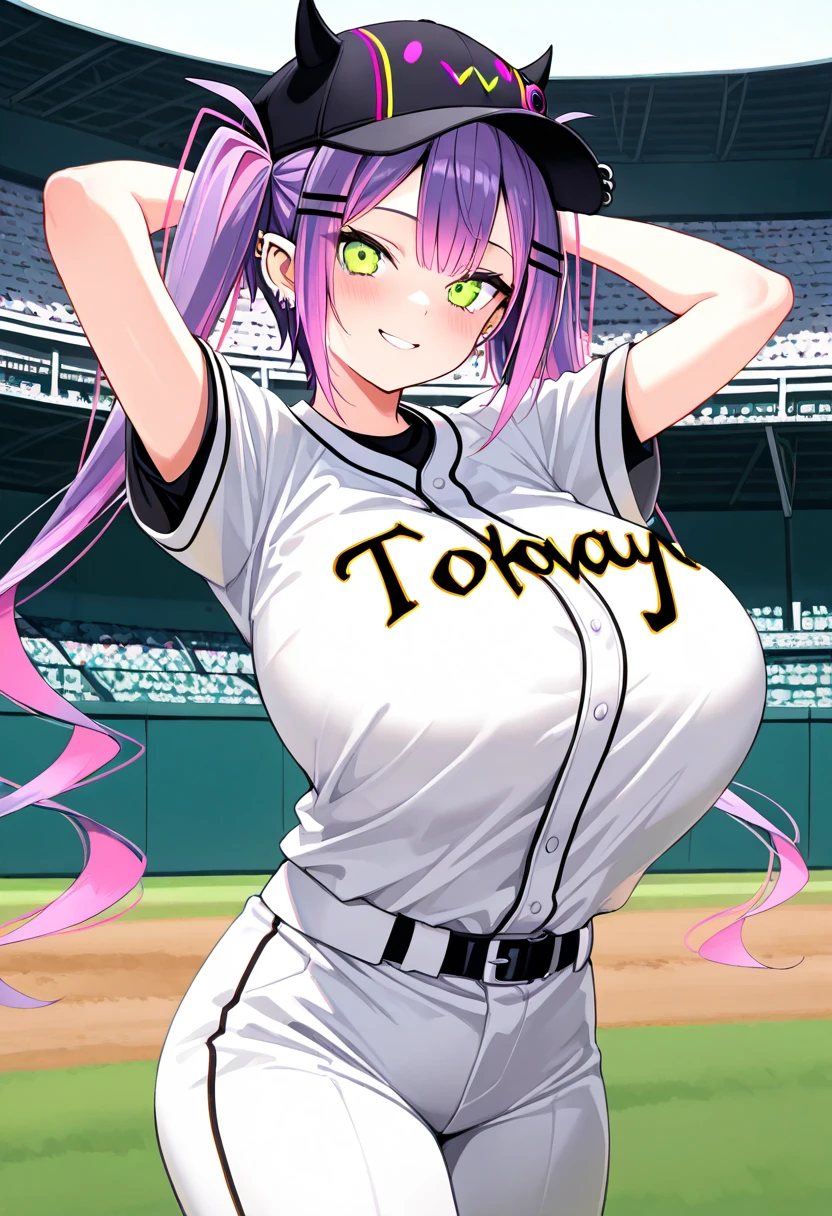 score_9, score_8_superior, score_7_superior, sauce_Anime BREAK 1 Girl, alone, View your viewers, Cowboy Shot, Detailed Background, Heroine X, Purple Bikini, White panties, Side tie bikini bottom, Blue Shrug \(clothing\), Long sleeve, Wristband, Baseball cap, Huge breasts, Underbust, Side bust, Beach, sunset,Purple Hair