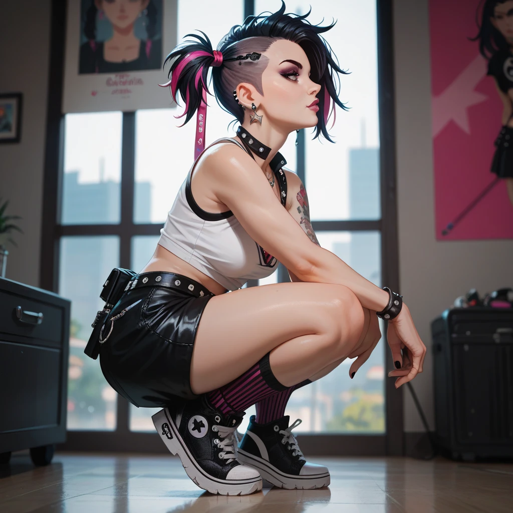 cute American model with stunning 3D resolution 12K character in [gritty Hip-Hop] Noodle Gorillaz style, [squatting], panties, [wearing leather jacket], elaborate clothing, big breasts, big ass, hourglass body, headphones, suspenders, big grate glasses, long curly dark hair, [shows butt], looks at viewer, smile, bags of dollar bills, chibi in detailed, background detailed graffiti, highly detailed, bright colors, ultra high quality, Hyperrealism, Photorealism, [octane rendering].