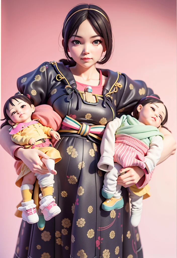 (sticker),white background,(In a circle), (3D anime family), layered black hair, black eyes,fun expression,cute clothes.gold edge,simple, Very detailed, drawingโดยละเอียด, Vector model, Silhouette, 8K, ออกแบบstickerแบบมืออาชีพ, Flat design, Vector Lines, sticker, drawing, drawing, Full HD, family of four, There are father, mother and daughter., baby in arms, express warmth,