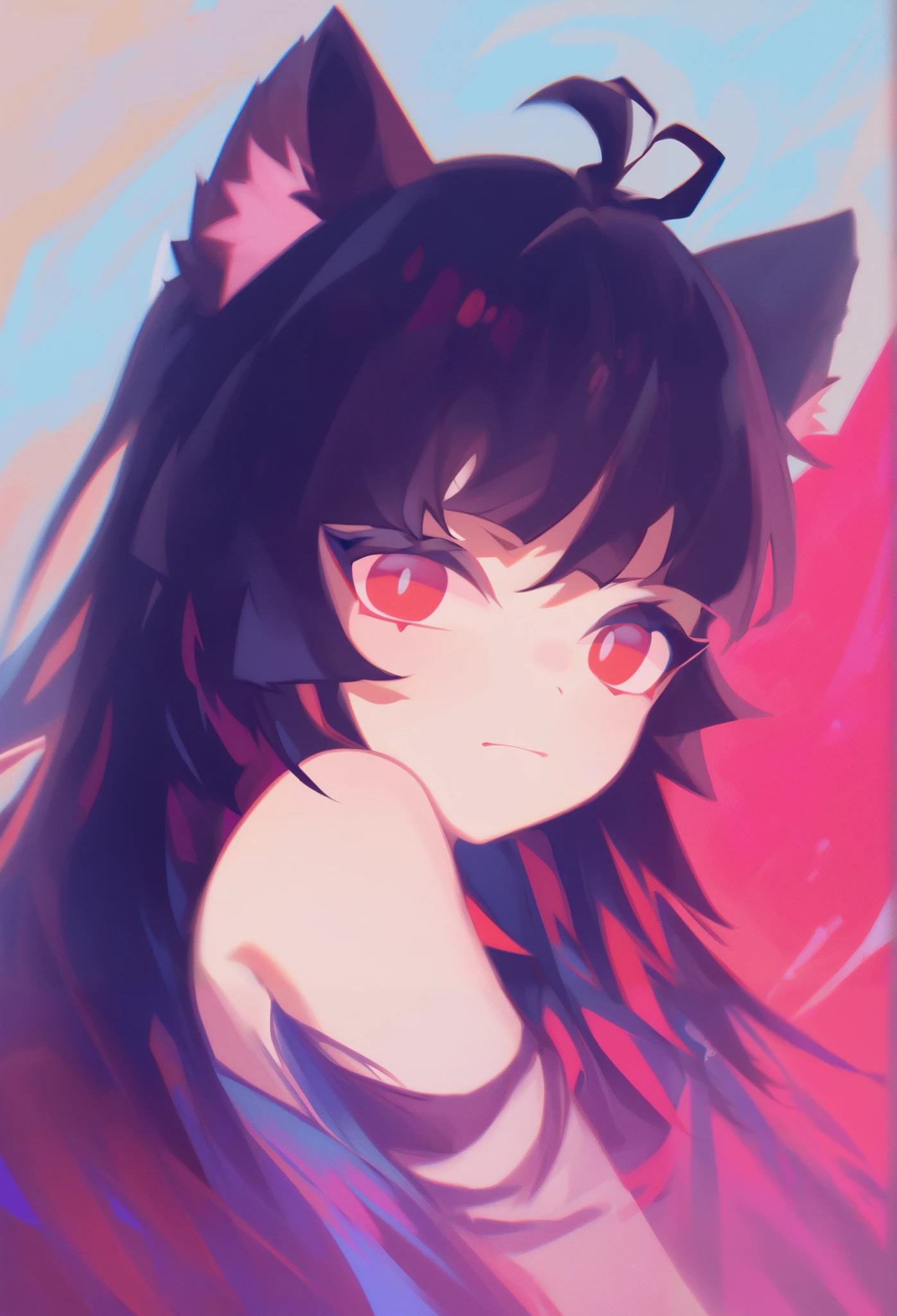 Musa_ style, score_9, score_8_arriba, score_7_arriba, score_6_arriba, score_5_arriba, score_4_arriba, high definition, (ultra high definition quality details), 8K, a girl, lob (, cat ears, (red eyes),  long hair , black hair, (Ahoge), straight bangs,, messy hair,, Body with thin legs, , chromatic aberration, colorful, bright colors,,  2d illustration, pastel colors,