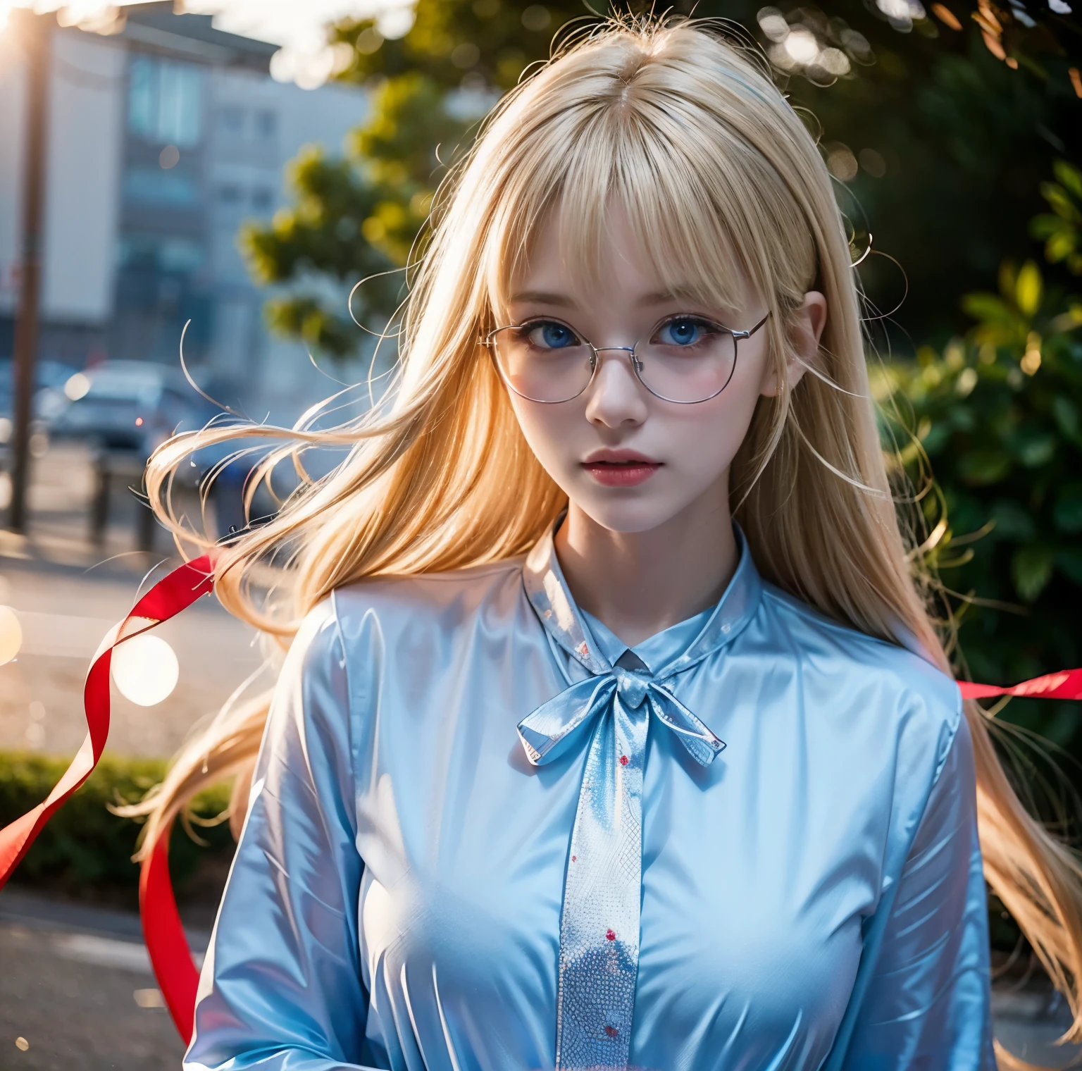 Blond-haired woman with glasses and tie posing for a photo, Lalisa Manobal, Lalisa Manoban do Blackpink, BBWCHAN, com longos cabelos loiros, linda Delphine, low quality video, thicc, com franja completa, com franja, Cl, with arms up, 韓国アイドル, KDA, tiktok video, menina coreana