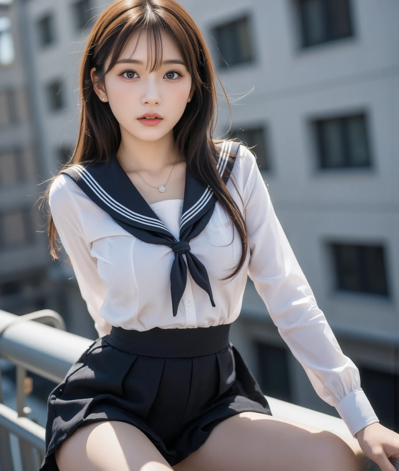 (reality: 1.4),highest quality, masterpiece, high detail, 16K quality, beautiful, 1 beautiful girl,japanese,super beautiful face,baby face,japanese idol face,cute face,super detailed face,detailed hand,beautiful skin,oily skin,big eyes,profeccional lighting,ponny tail,black hair,brown beautiful eyes, big smile,sitting with knee up, (skirt lift),big breasts,(sailor suit),(checked skirt),white panties,(showing panties),black high socks,spread legs, she is looking at the camera,Skyscraper rooftop,blue sky, nsfw,from front,