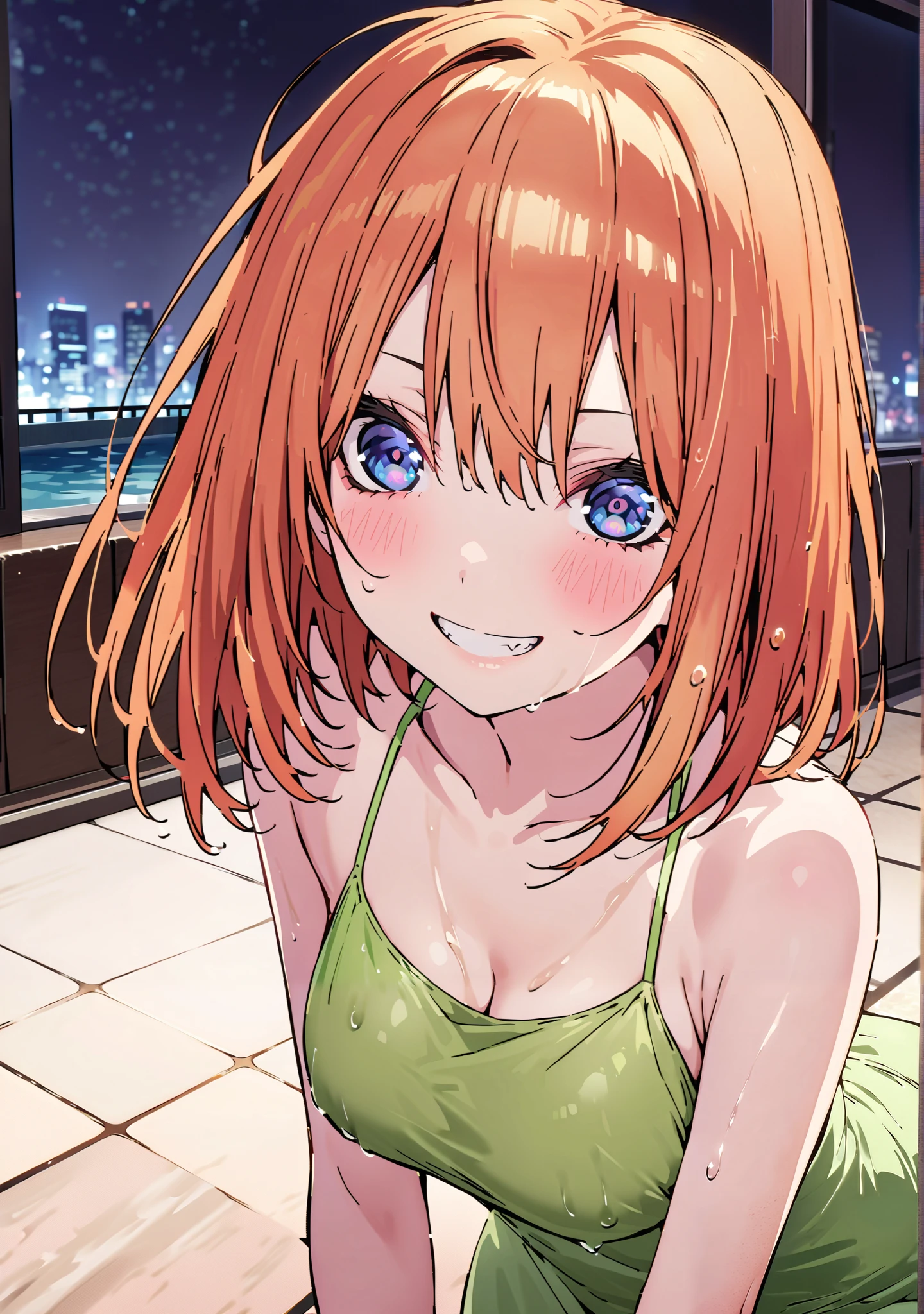 score_9, score_8_up, score_7_up, source_anime, Nakano Yotsuba, short hair, bungs, blue eyes, o, Orange Hair, eyebrows hidden by parasoled hair ,Orange Hair, smile,blush, grin ,half updo,Green string bikini swimsuit,wet hair,wet skin, wet swimsuit ,standing,綺麗なnight景,Beautiful cityscape,night,ナイト pool,full bodyがillustration for both eyesに入るように, break outdoors, pool,
break looking at viewer,full body,
break (masterpiece:1.2), Top Quality, High Resolution, Unity 8K Wallpaper , (illustration for both eyes:0.8), (Beautiful Detailed Eyes:1.6), very detailed face, perfect lighting, highly detailed CG, (perfect hands in a dark bedroom, perfect anatomy),