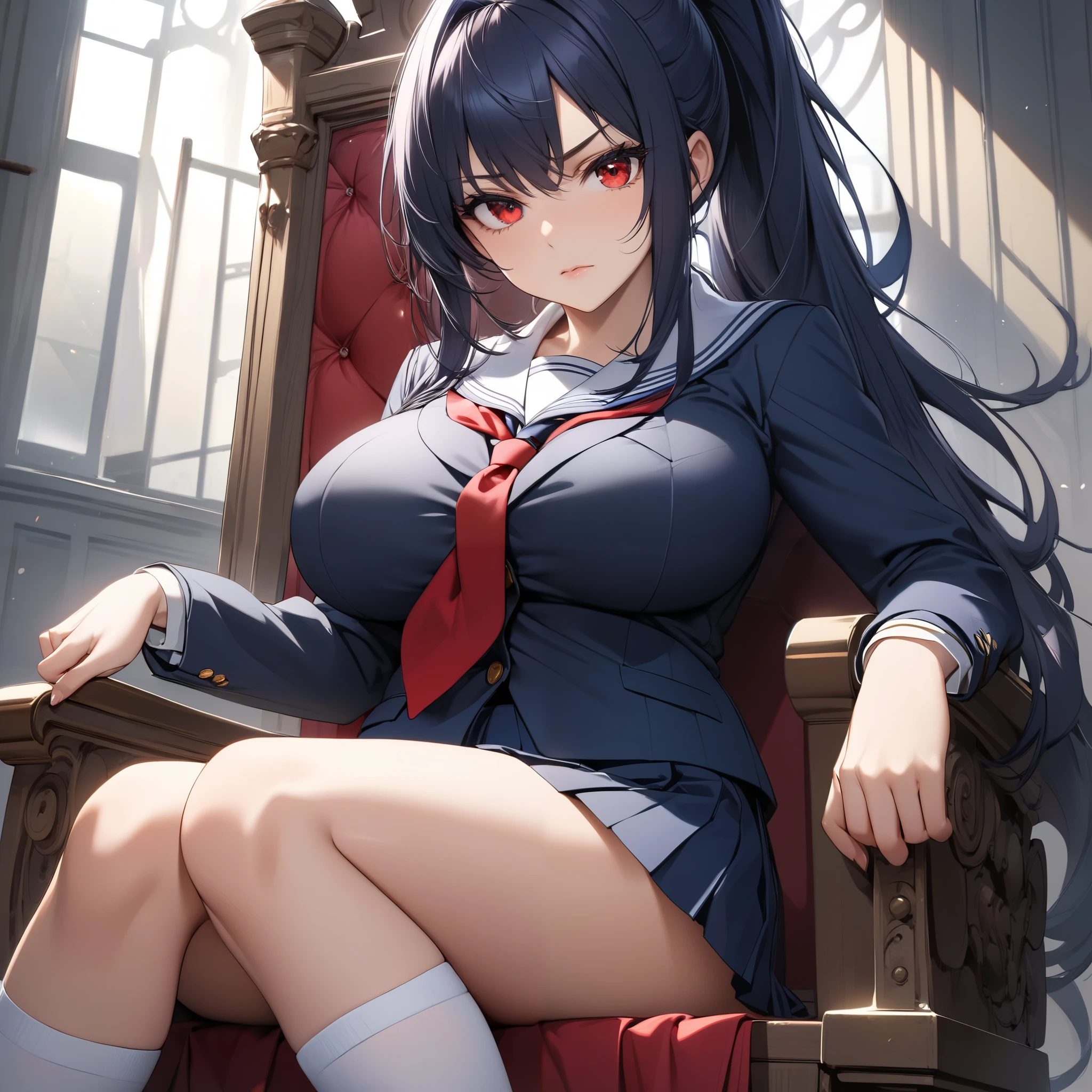 (8K, Highest quality, Highest quality, masterpiece), allfours, (denim hot micro shorts), (shorts aside & vulva peek), big breasts, ((spread legs 1:2)), (fullbody), aasuzune, long hair, black hair, (single braid:1.2), hair ribbon, red jacket, blazer, blue bowtie, long sleeves, black thighhighs