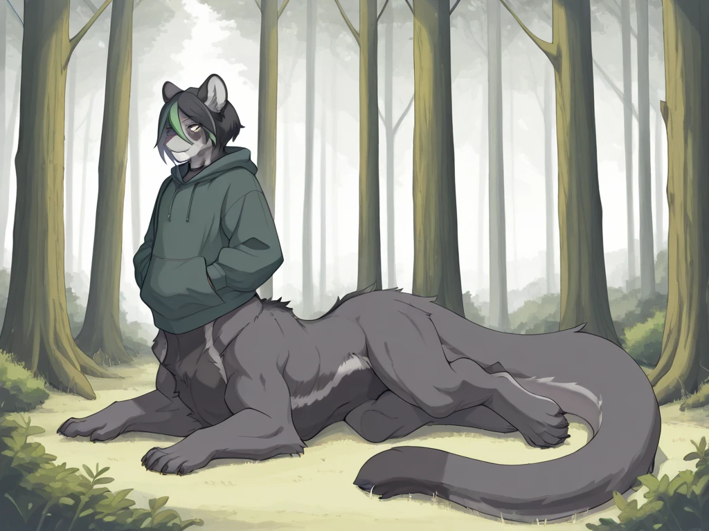 anthro, cat, white fur, green eyes, green jacket, big black ears, Macro, alone, good lighting, Cross-legged, sitting in the forest, friendly, fluffy, black pawpads