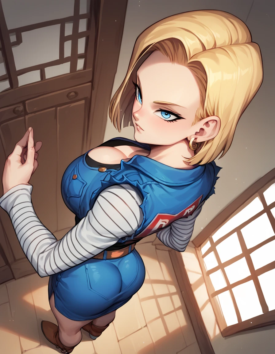 Beautiful girl blonde hair with blue eyes white skin black eyeliner,(( Andriode 18- Dragon ball super)), slim and curvy body image 1.2 high resolution sensual smile show huge and perfect breasts, legs apart with heels erotic poses ,squirting , NSFW