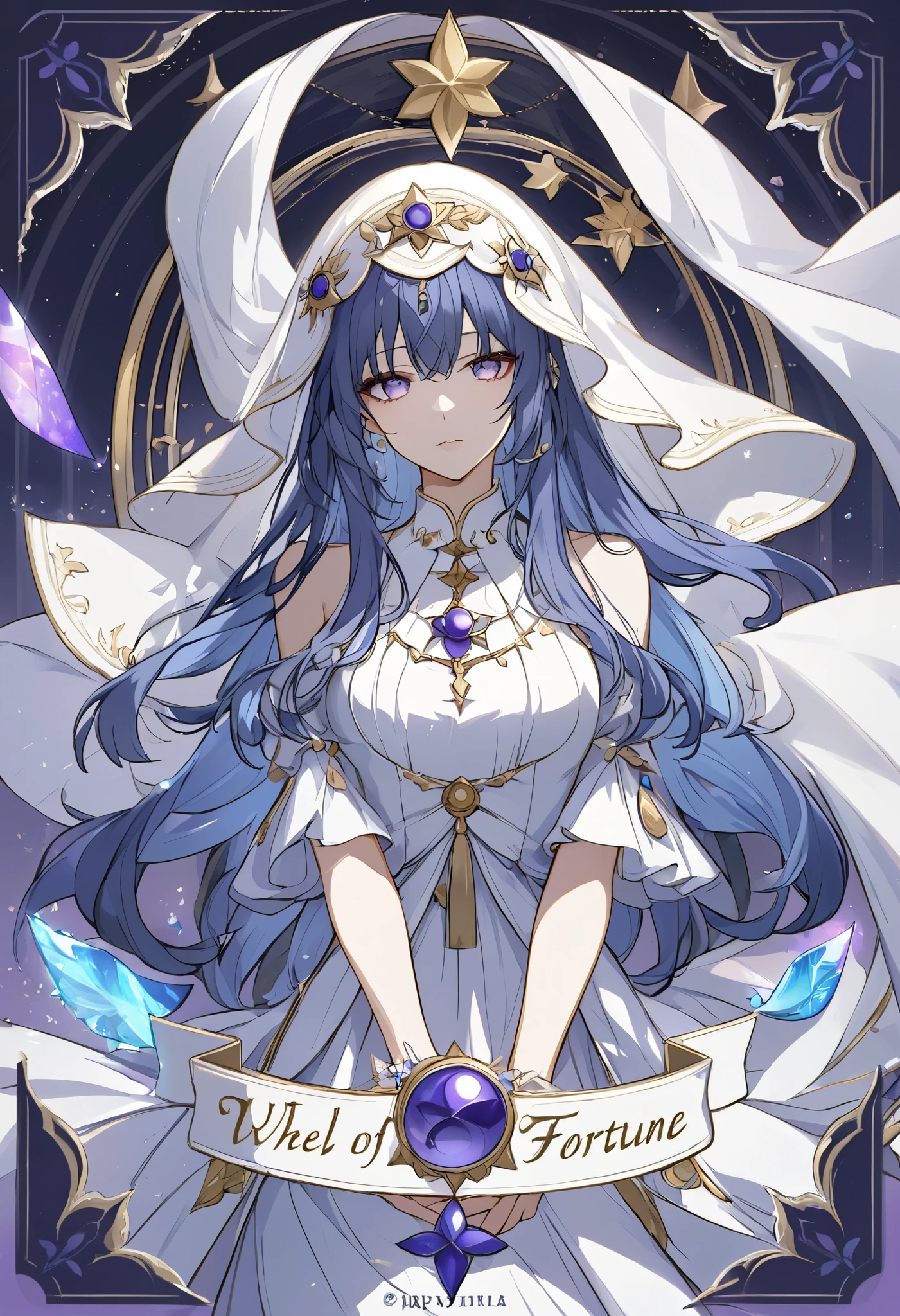 Beautiful, solo, 1 female, long hair, blue hair, light purple eyes, white veil, white dress, tarot, Wheel of Fortune