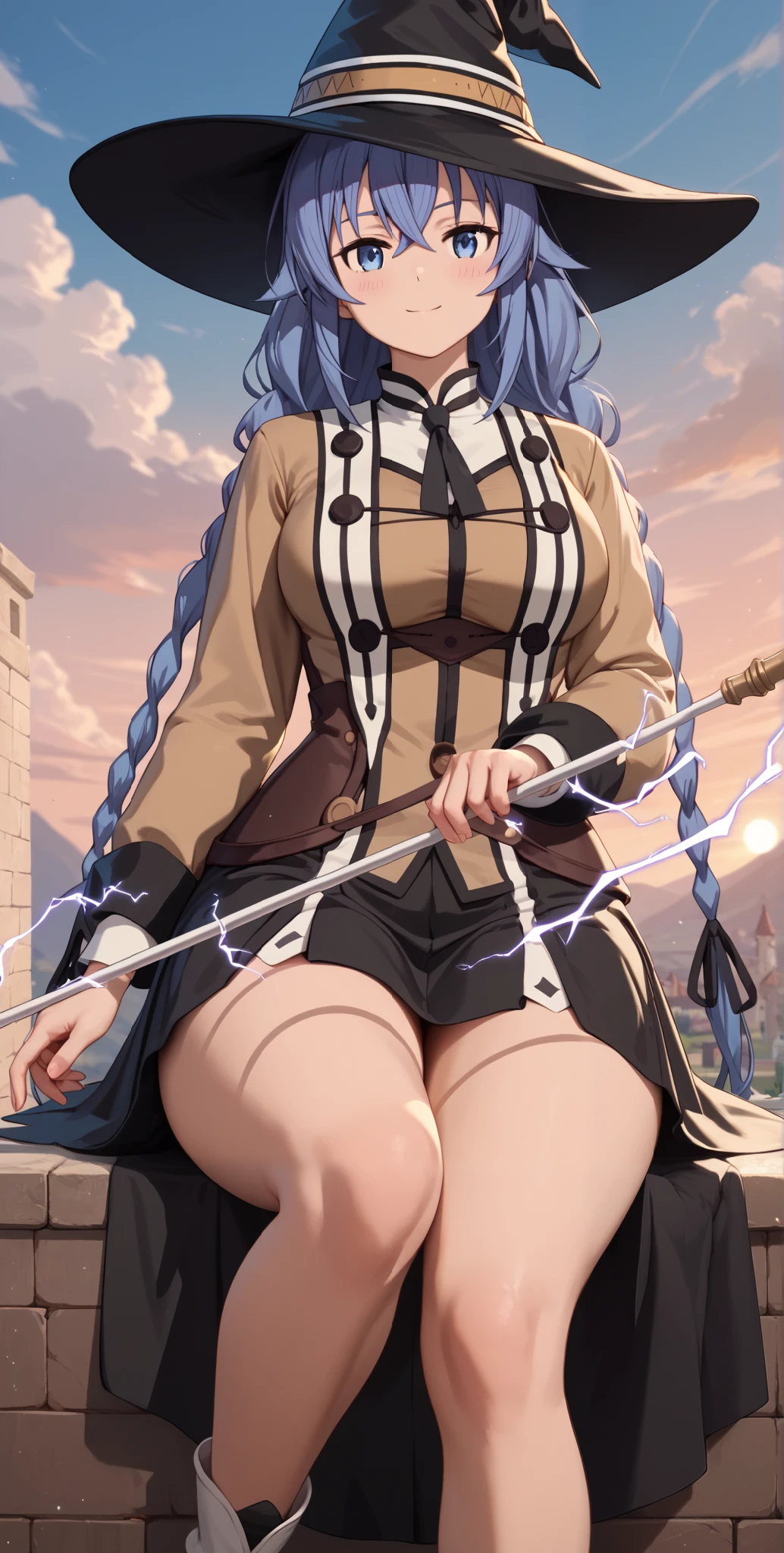 big breasts, wide hips, thick thighs, high thighs, blush, curves, perverted face, big thighs,,,,,,,,,(masterpiece), super detailed, highly detailed, 4k, great masterpiece, detailed, high quality, absurd, pale skin, blush, perverted face, big thighs,
outdoors, sky, clouds, sun, looking at viewer, arrogant smile, absurd, energy, aura, electricity
(, front view, brazzer, huge thighs, covered breasts,,,,, (very long hair), leg raised, legs open, 1 girl,roxy migurdia, blue hair, blue eyes, wizard hat, staff, cane, black skirt, sitting