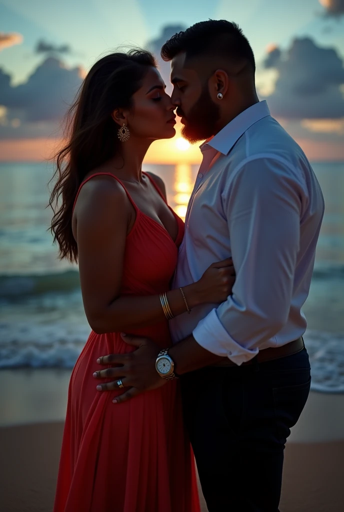 a couple is embracing on the beach at sunset, 30s middle-aged guy with brown dark grey mixed short hair, black skin short young woman with slicked back into low bun hair, romantic moment, love and romance, hyper ultra realistic face, high resolution