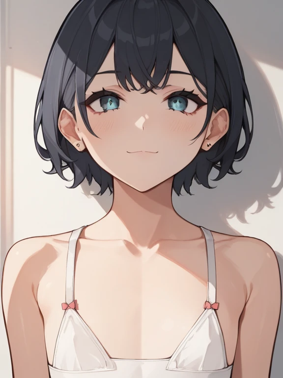  with short hair and small breasts naked, with a blushing face