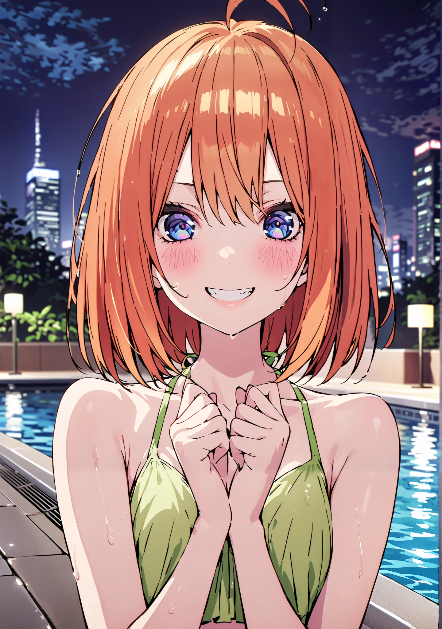 score_9, score_8_up, score_7_up,  source_anime, Nakano Yotsuba, short hair, bungs, blue eyes,  o, Orange Hair,  eyebrows hidden by parasoled hair ,Orange Hair, smile,blush, grin ,half updo,Green string bikini swimsuit,wet hair,wet skin, wet swimsuit ,standing,綺麗なnight景,Beautiful cityscape,night,ナイト pool,full bodyがillustration for both eyesに入るように, break outdoors, pool,
break looking at viewer,full body,
break (masterpiece:1.2), Top Quality, High Resolution,  Unity 8K Wallpaper , (illustration for both eyes:0.8), (Beautiful Detailed Eyes:1.6), very detailed face,  perfect lighting, highly detailed CG, (perfect hands in a dark bedroom, perfect anatomy),