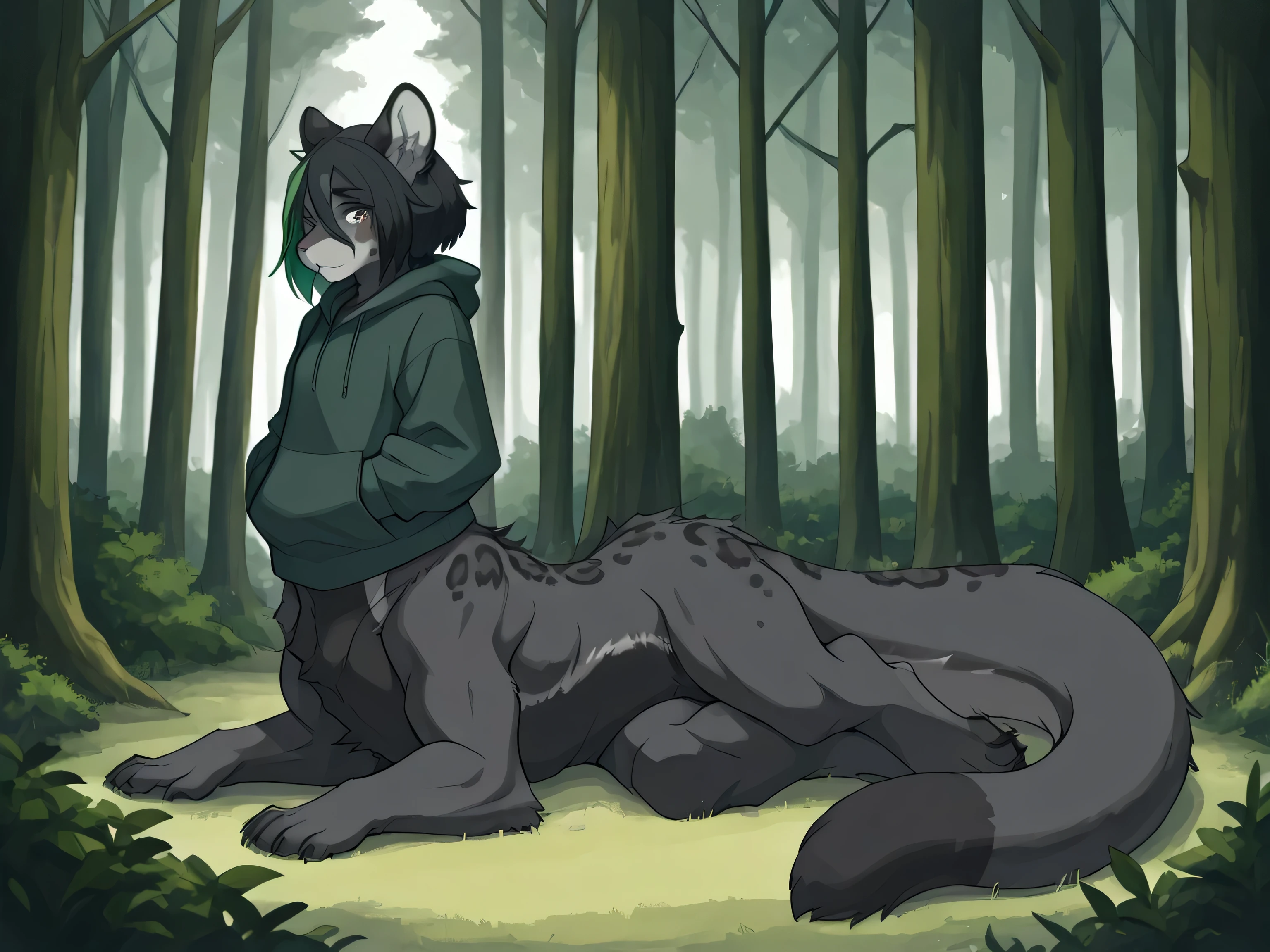 furry female leopard taur, short black hair, forest green highlights, dark grey spots black fur, dark grey tummy, dark grey neck, dark grey chin, thick tail, wearing forest green hoodie,