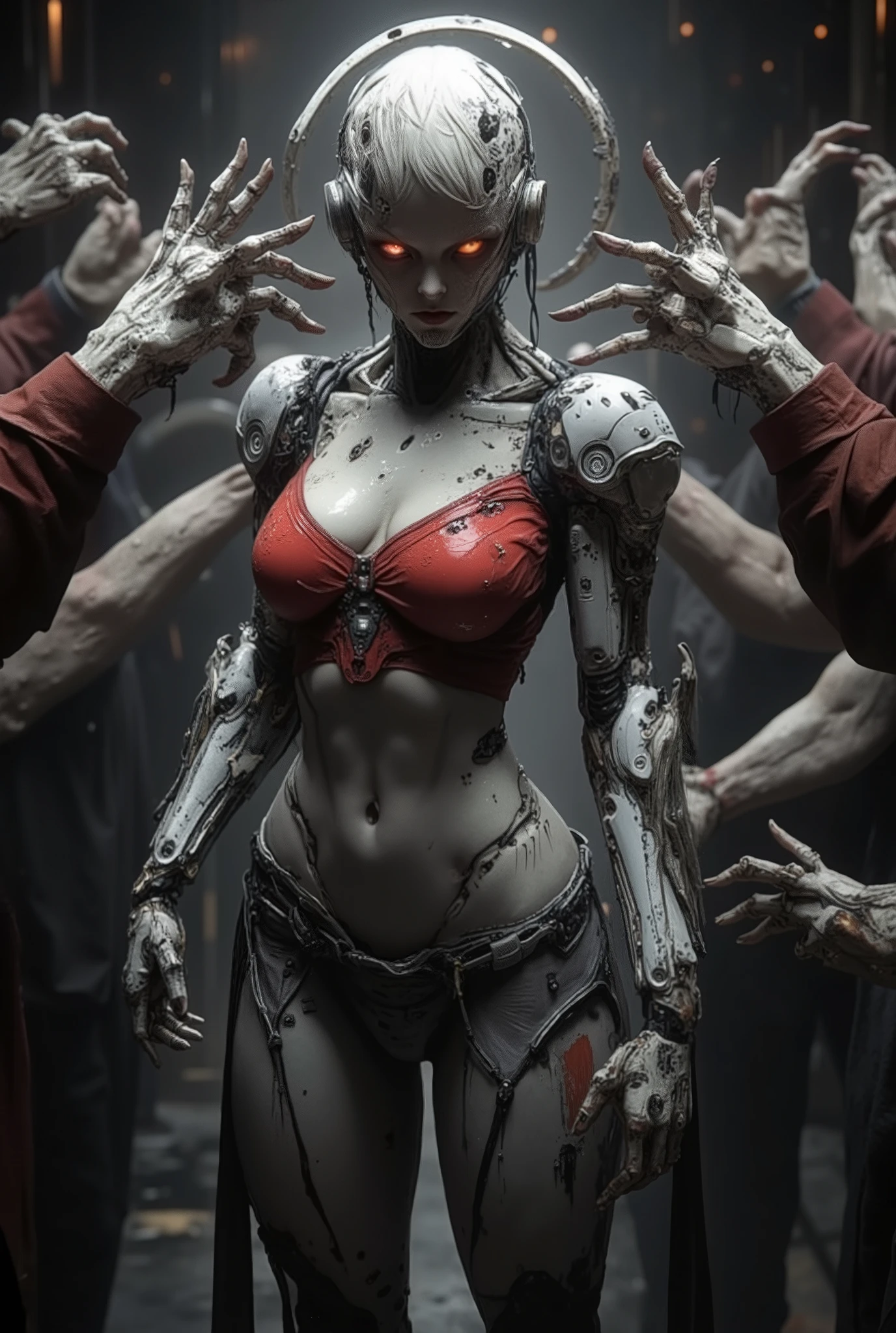 best quality, masterpiece, highres, extremely detailed girl, solo, sharp focus, cinematic lighting, character, 1 girl, solo, large Mechanical limbs, mechanical eyes, bald, (small breasts), rage, chainsaw hand, cyberpunk city, blood on face, sharp metal teeth