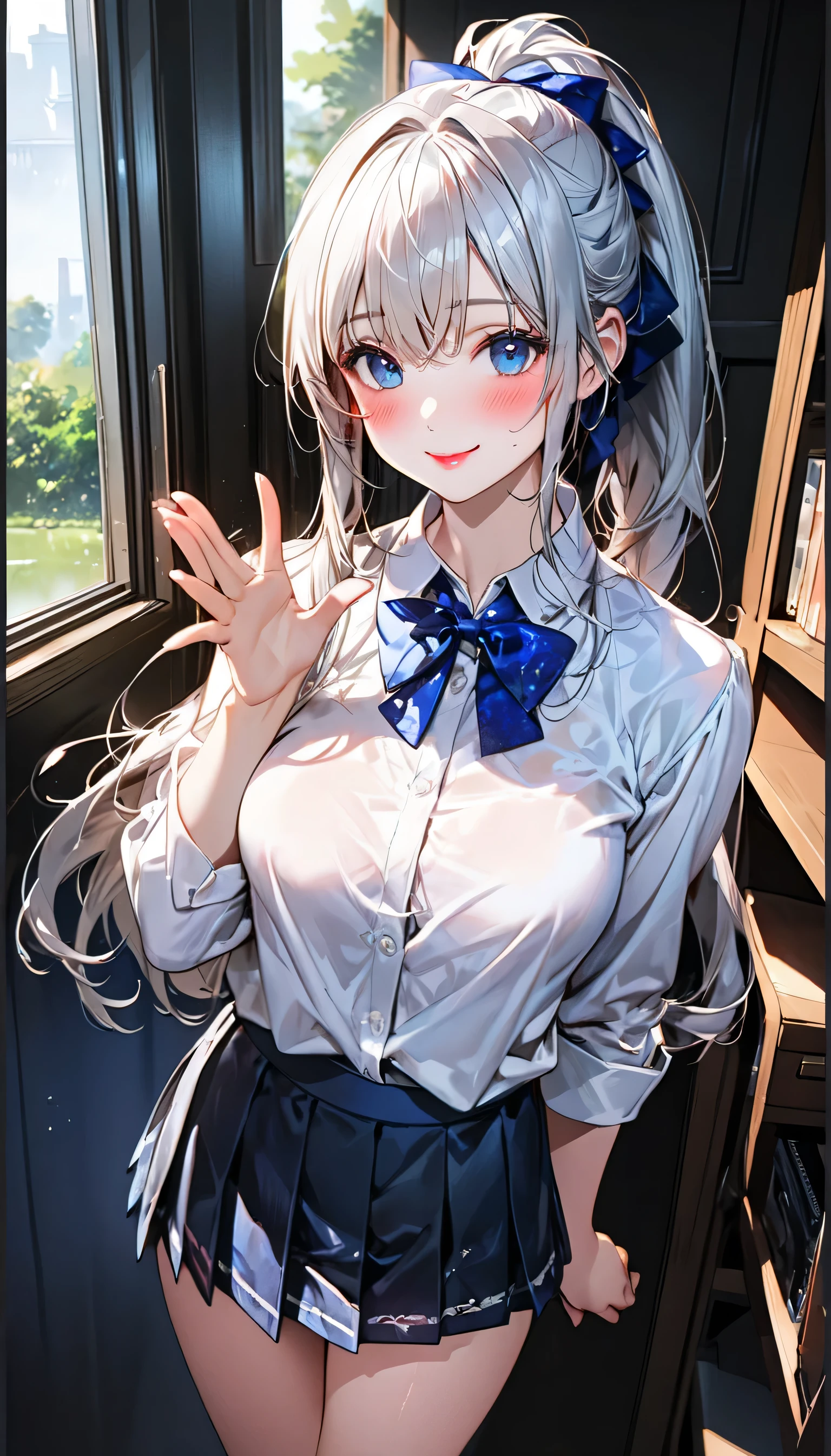 masterpiece、Highest quality、Very detailed、An illustration、Beautiful attention to detail、One Girl、cute、Detailed landscape、Bar Background、Platinum Blonde Hair、Braided Ponytail、((D cup breasts, Collared short-sleeved shirt:1.3, White vest, Navy blue slacks)),