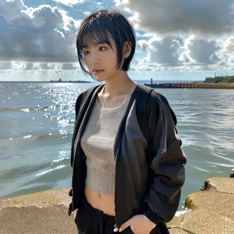 high quality、high resolution、masterpiece、Bright red sky、Beautiful crimson clouds in the background、Beautiful woman squatting on the edge of the wave with her legs spread, She has medium bob hair、Beautiful light brown hair color、Plump and large breasts、Narrow waist、White blouse、Wear a pleated skirt、Shoes are loafers、Black socks、
Thong、
She is posing for a photo shoot, Looking into the camera、Shooting from below、
