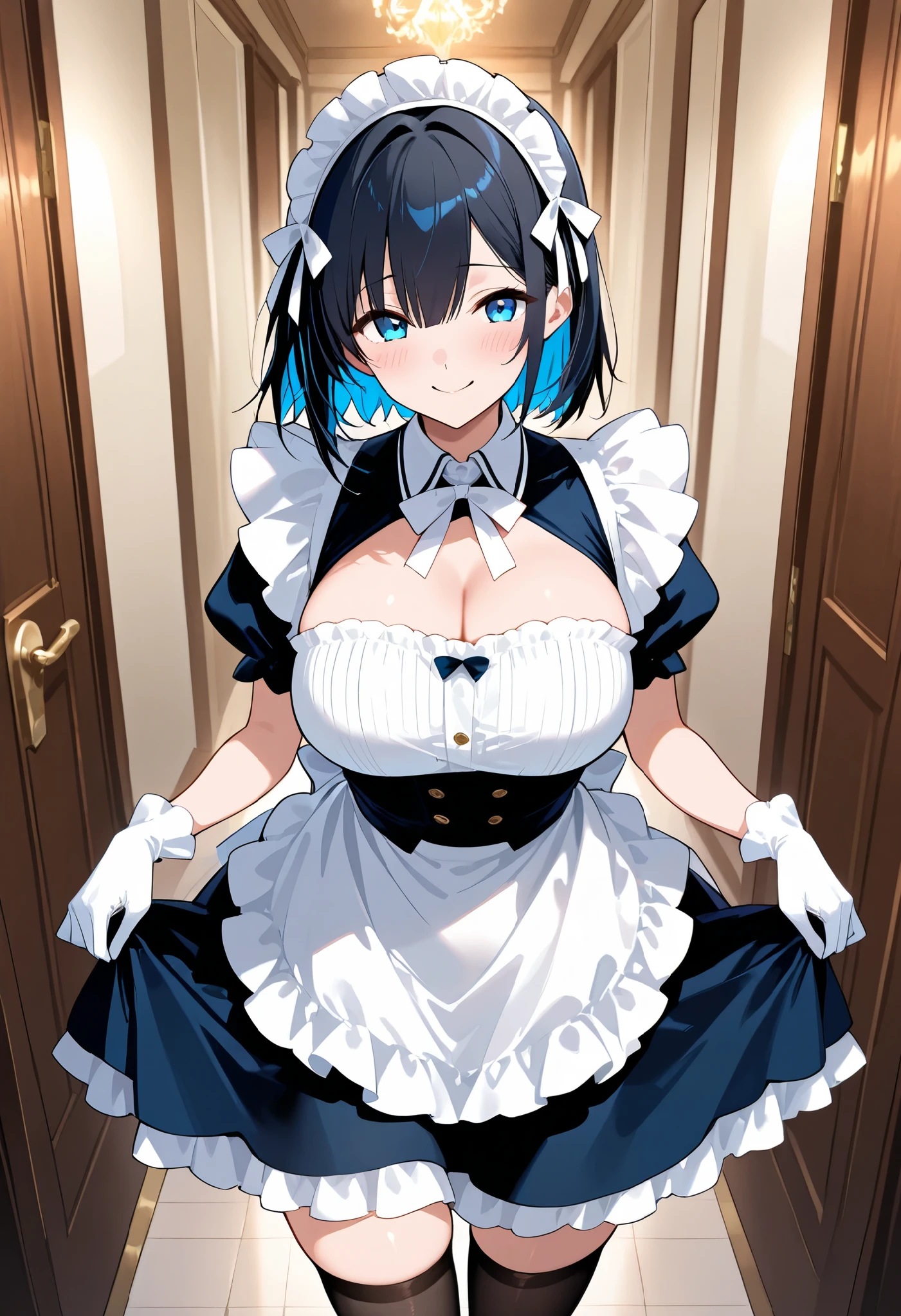 (Masterpiece),Best Quality, ultra-detailed, perfect hands, Delicate eye expression, 1girl (rinko_iori, Sexy, A voluptuous and sexy body, huge breasts,  naked body, dark blue hair,  long hair, blue eyes (empty eye)),closed mouth, Solo, nude,  maid (black, miniskirt),maid headdress, skirt lift, bedroom, standing, Rinko is lifting her skirt in front of the man sitting in front of her.. Sexy waist teasing, wicked smile,