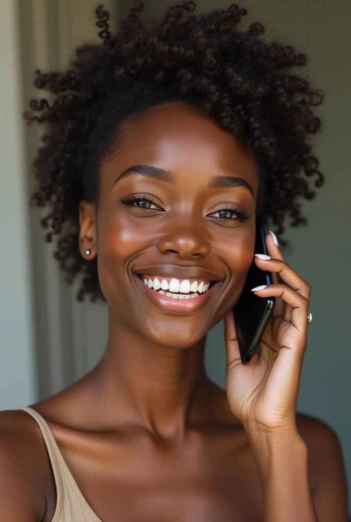 Generate an image of a black beautiful curvy in a nice interior talking on a phone