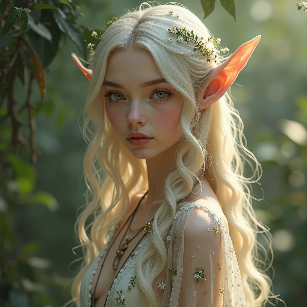 ((masterpiece、highest quality、Super fine、High resolution、photorealistic、sharp focus、cinematic lighting))、((1 female、bust shot))、high contrast、Portrait of a beautiful female elf、tall、skinny、bright blonde hair、intricate and beautiful design、Highly detailed beautiful face、triangular face、blue eyes、smile、Resting by the river、forest、flow of leaves、strong wind、Forest Sun、epic fantasy art、Very CG-like detail、Classy white dress、view audience、Detailed hand depiction
