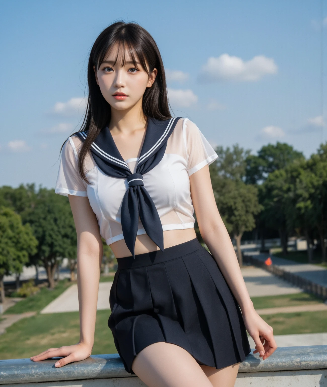 masterpiece, highest quality, 8K, , RAW photo, disorganized, award-winning portraits, alone, noon, idol face, delicate face, Digital single-lens reflex camera, looking at the viewer, shy smile、shame、flushed cheeks、thin arms, small breasts, nipples, small ass、thin waist、Frank, Sophisticated, like々New, thin arms, professional lighting, film grain, black eyes, chromatic aberration, (detailed eyes and face:1.0), (Bokeh:1.1),(hyper pretty face:1.3),(medium black hair:1.4), japan school student sailor uniform, (pleated mini skirt:1.3), white blouse and school ribbon, (cute panties, high detailed, pale color:1.4), above the knee, (angle from front:1.3), hair blowing in the wind,(dynamic poses:1.3)